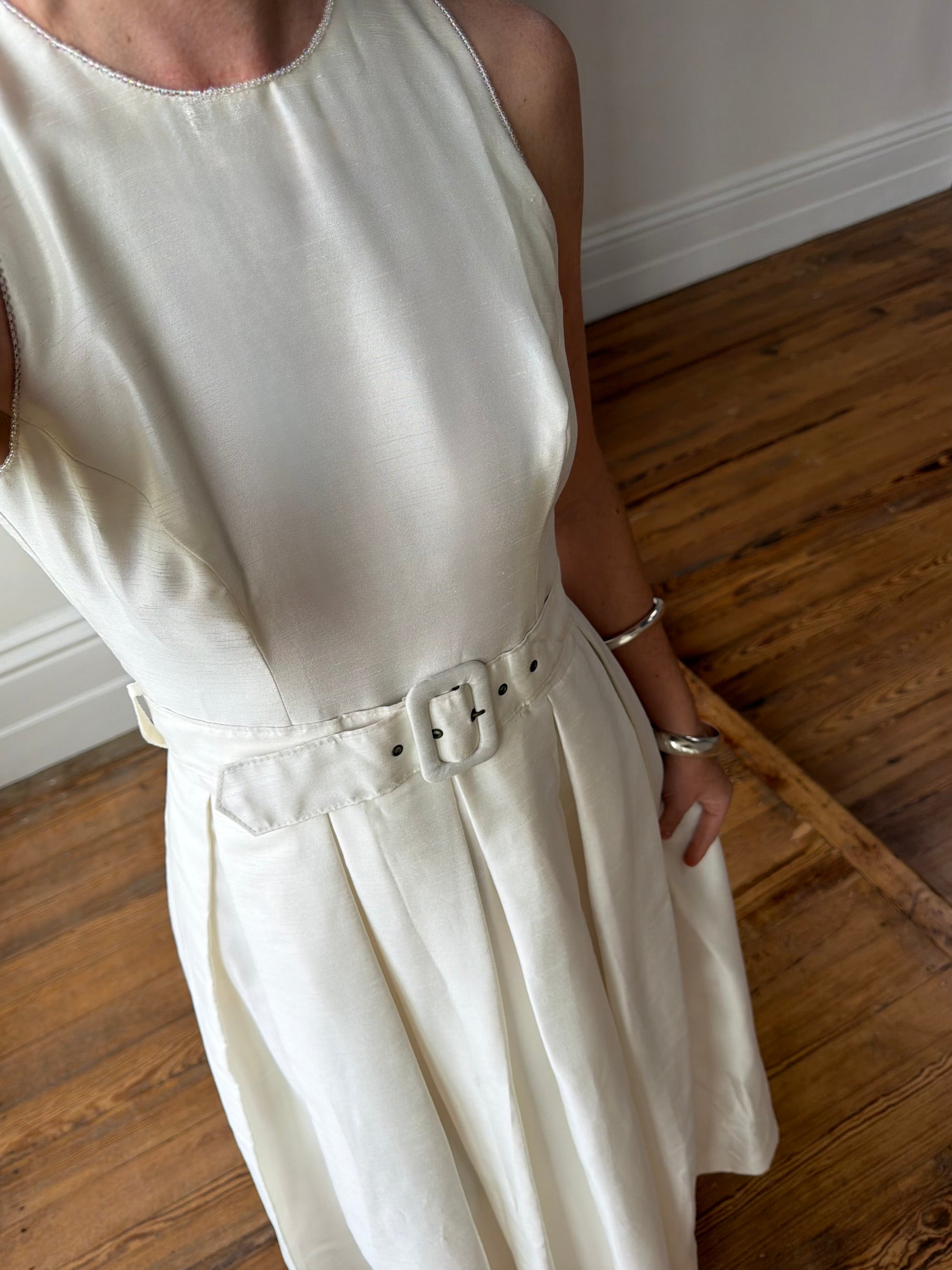 Vintage 90s Pleated Ivory Silk Couture Bridal Dress with Belt