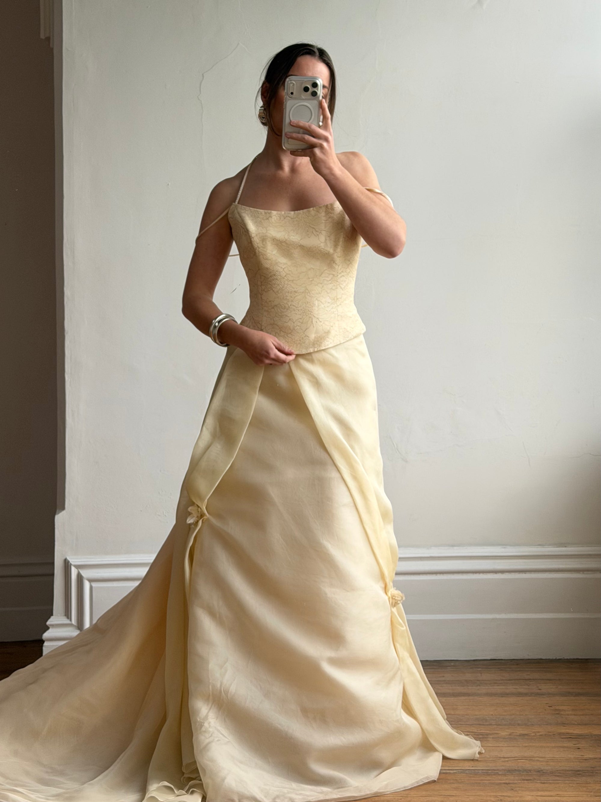 Vintage 90s Italian Butter Double Strap Corset and Tulle Rosette Skirt Set