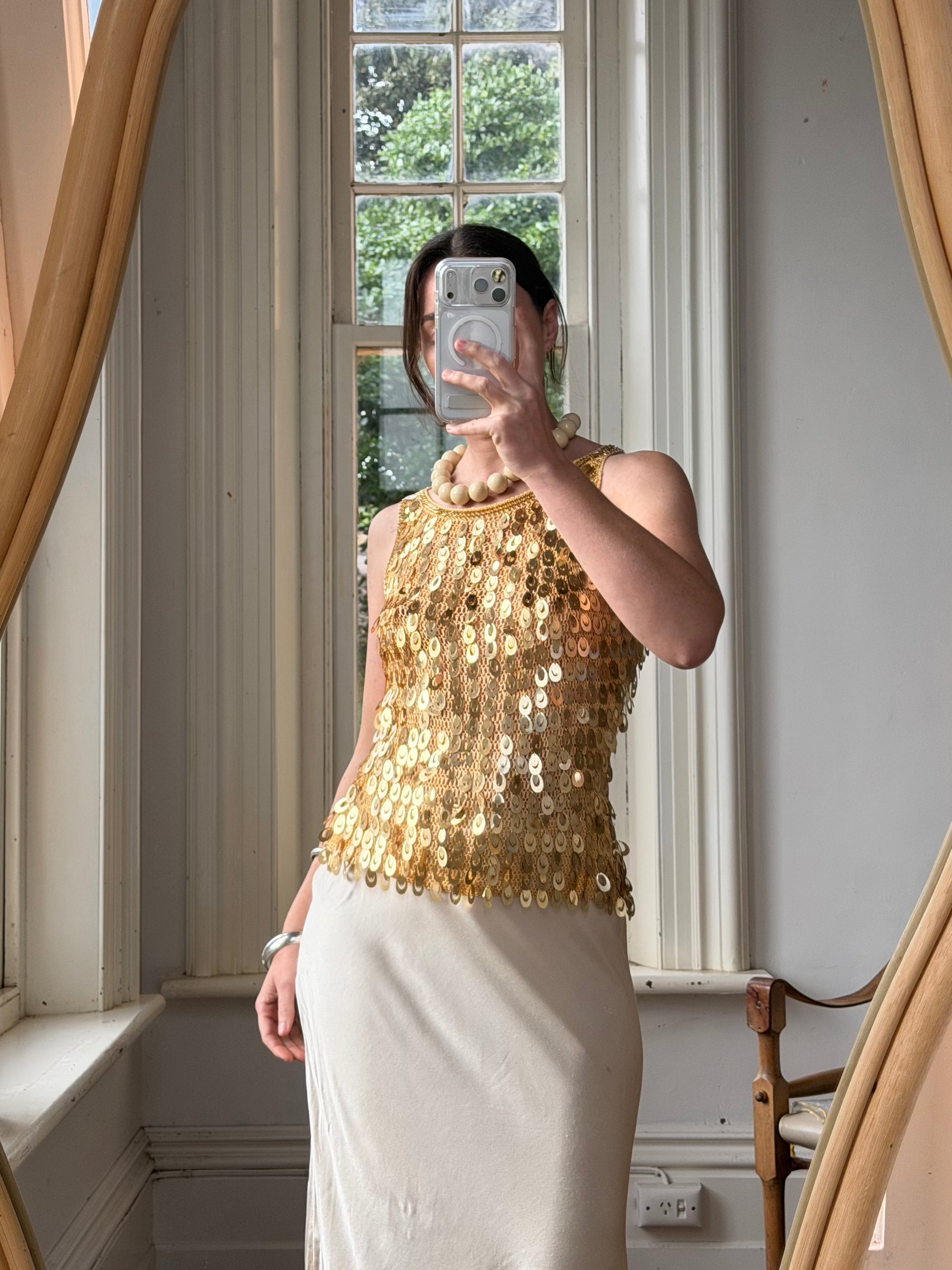 Vintage Y2K Gold Sequin Paillette Knit Tank Top