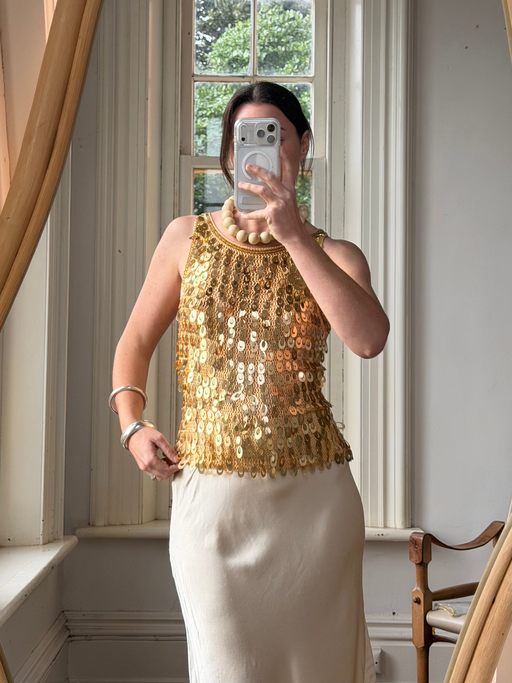 Vintage Y2K Gold Sequin Paillette Knit Tank Top