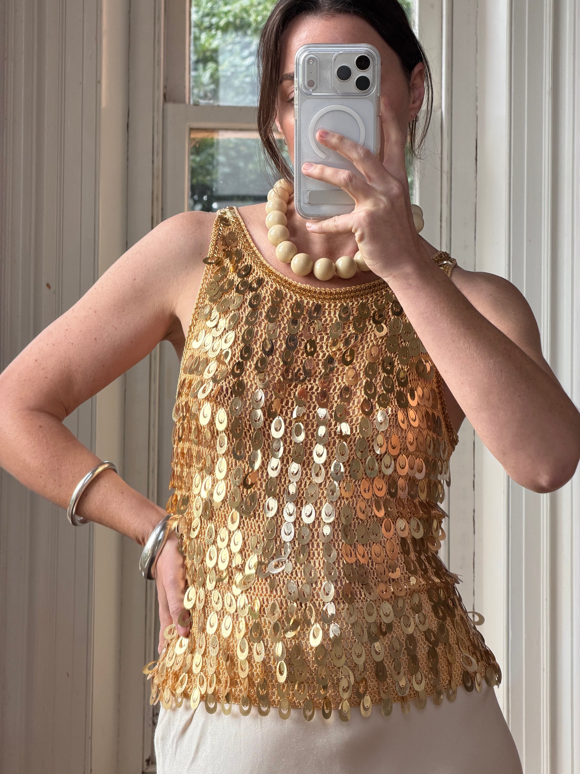 Vintage Y2K Gold Sequin Paillette Knit Tank Top