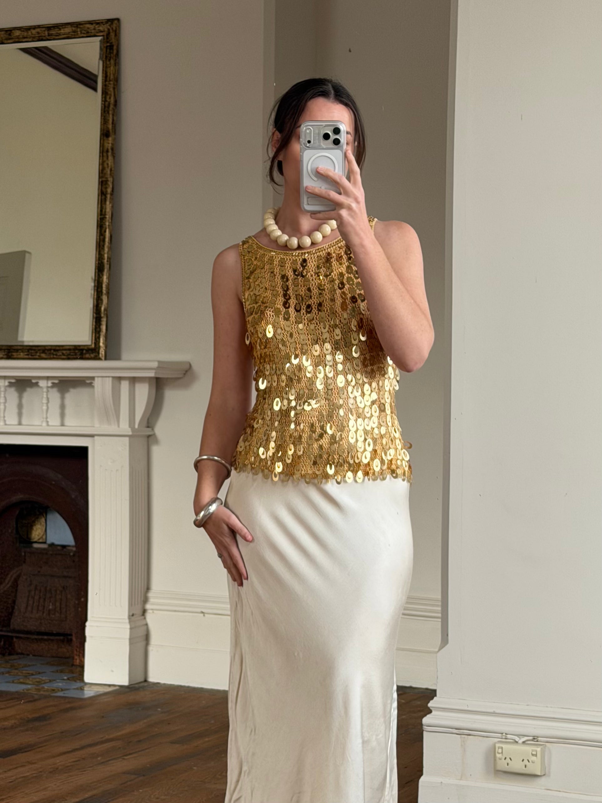 Vintage Y2K Gold Sequin Paillette Knit Tank Top