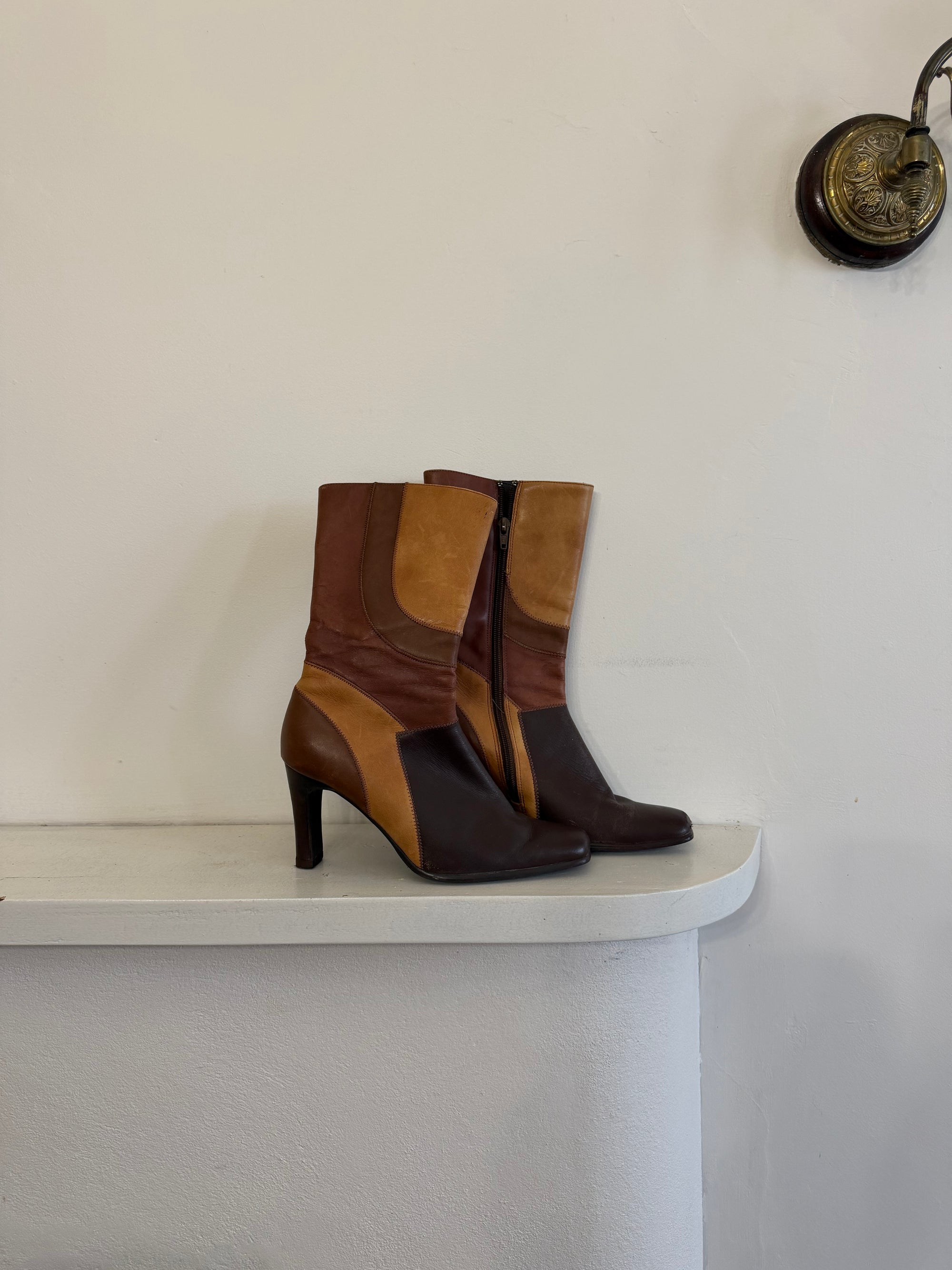 Vintage 90s Square Toe Patchwork Caramel Leather Boots