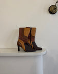 Vintage 90s Square Toe Patchwork Caramel Leather Boots