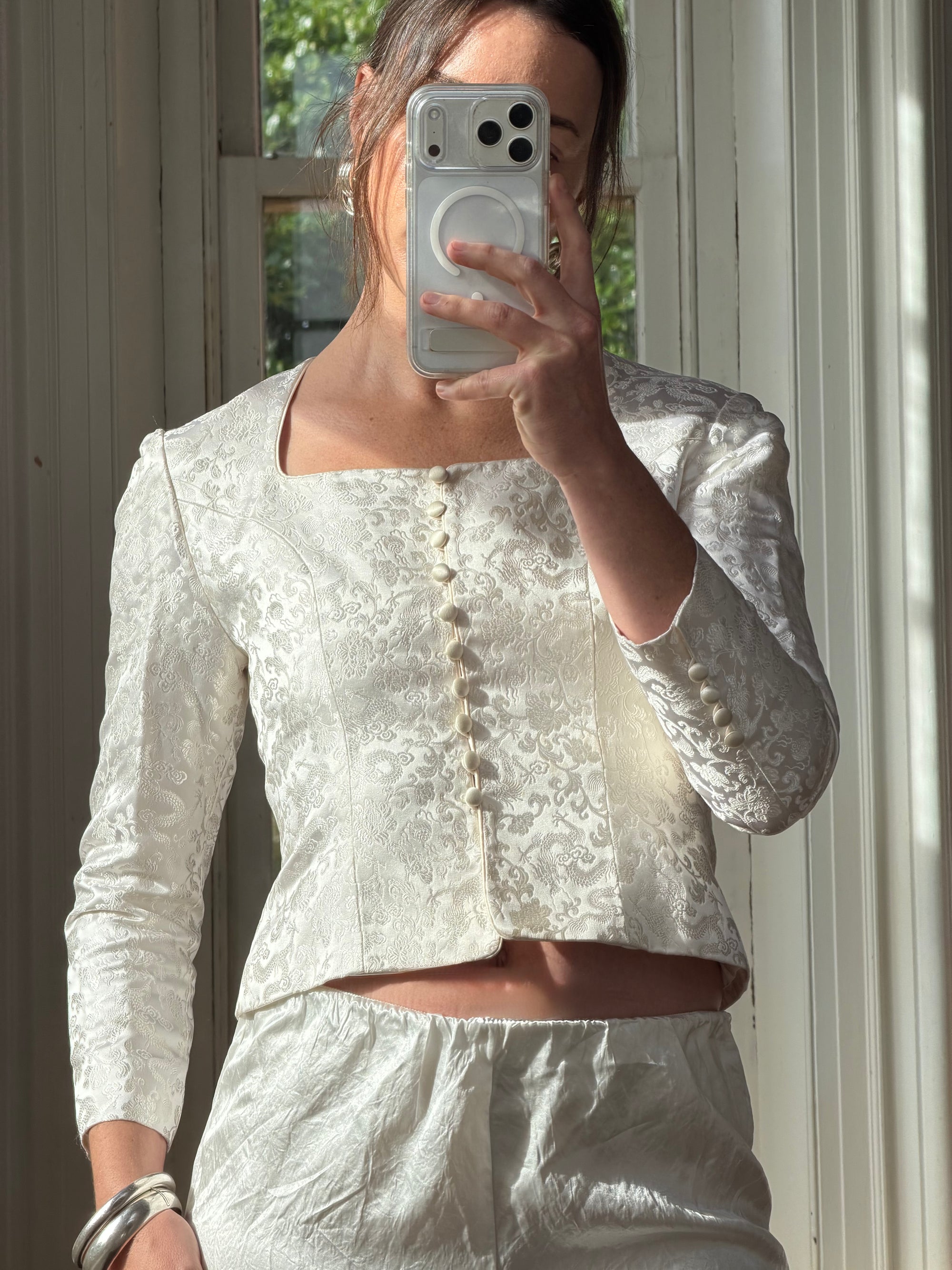 Vintage 90s Ivory Brocade Long Sleeved Bridal Bustier