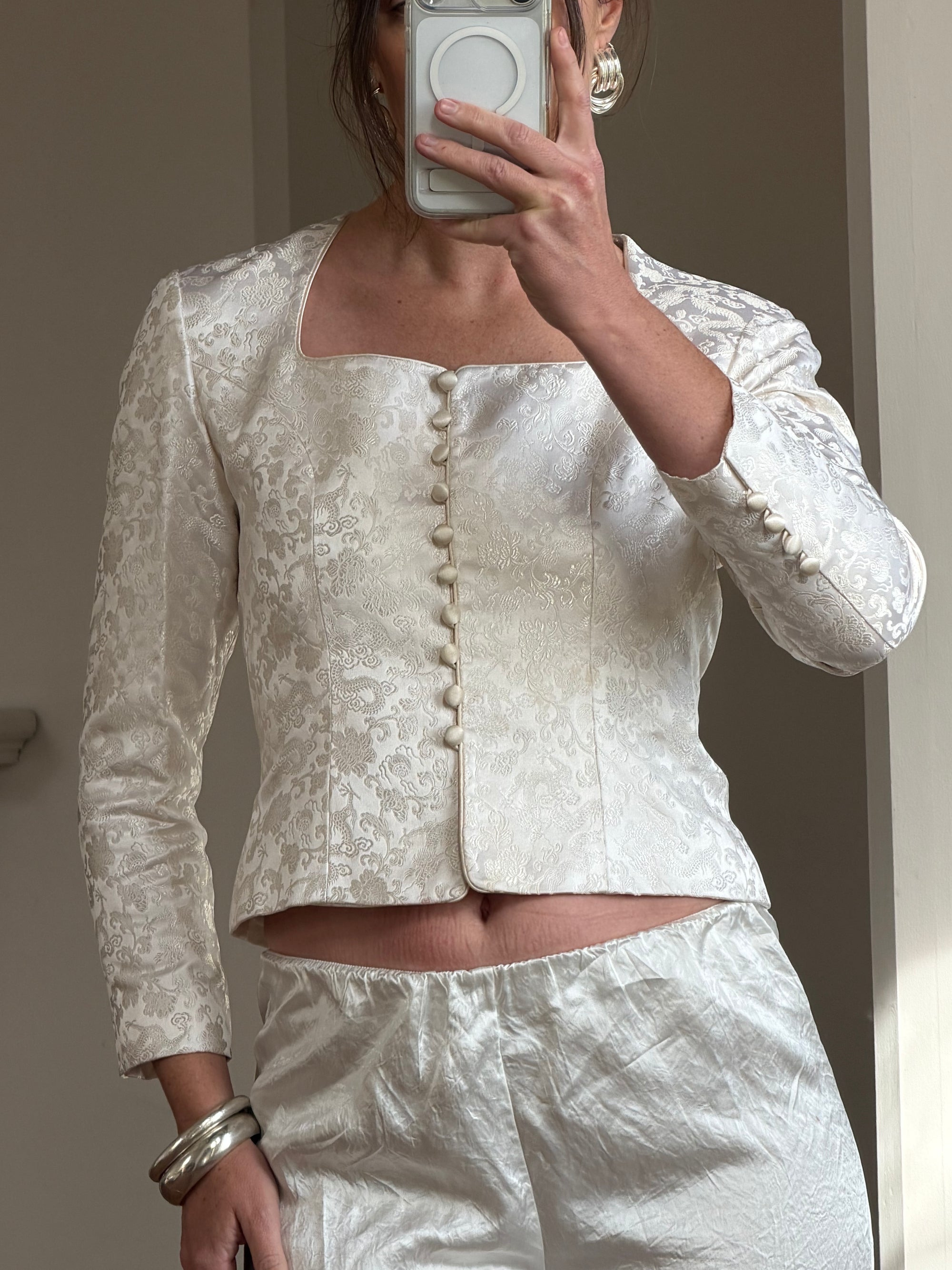 Vintage 90s Ivory Brocade Long Sleeved Bridal Bustier