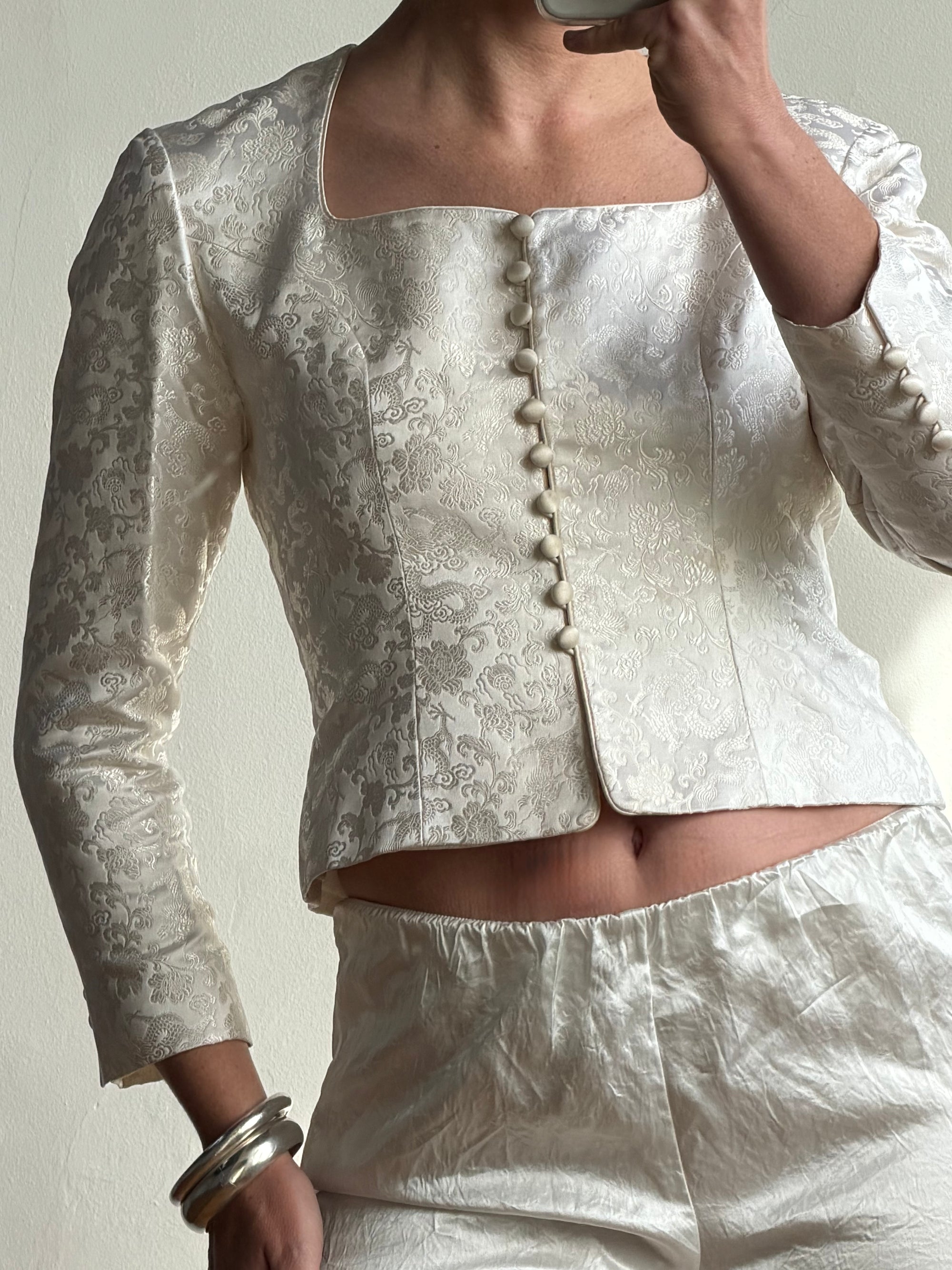 Vintage 90s Ivory Brocade Long Sleeved Bridal Bustier
