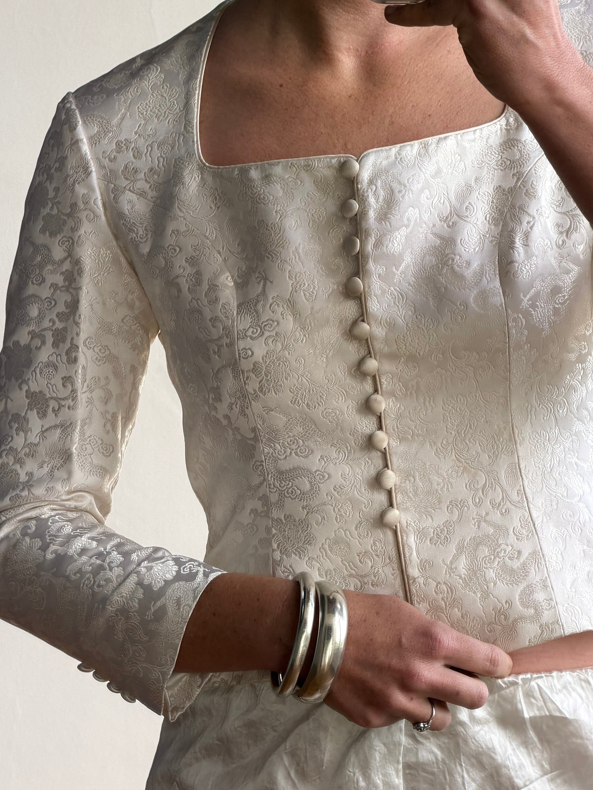 Vintage 90s Ivory Brocade Long Sleeved Bridal Bustier