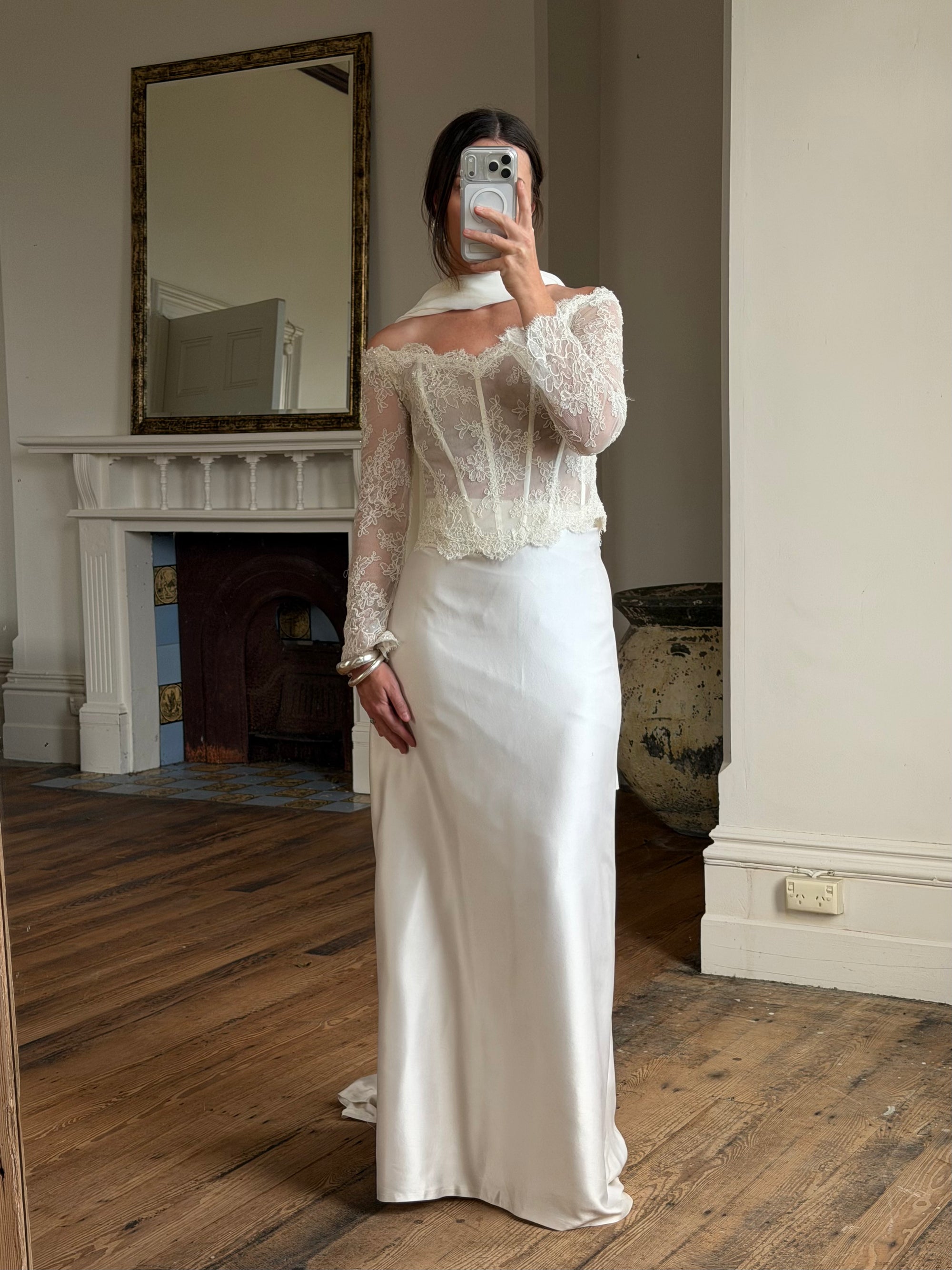 Vintage 90s Italian Nude Long Sleeve Bustier and Silk Satin Skirt Set