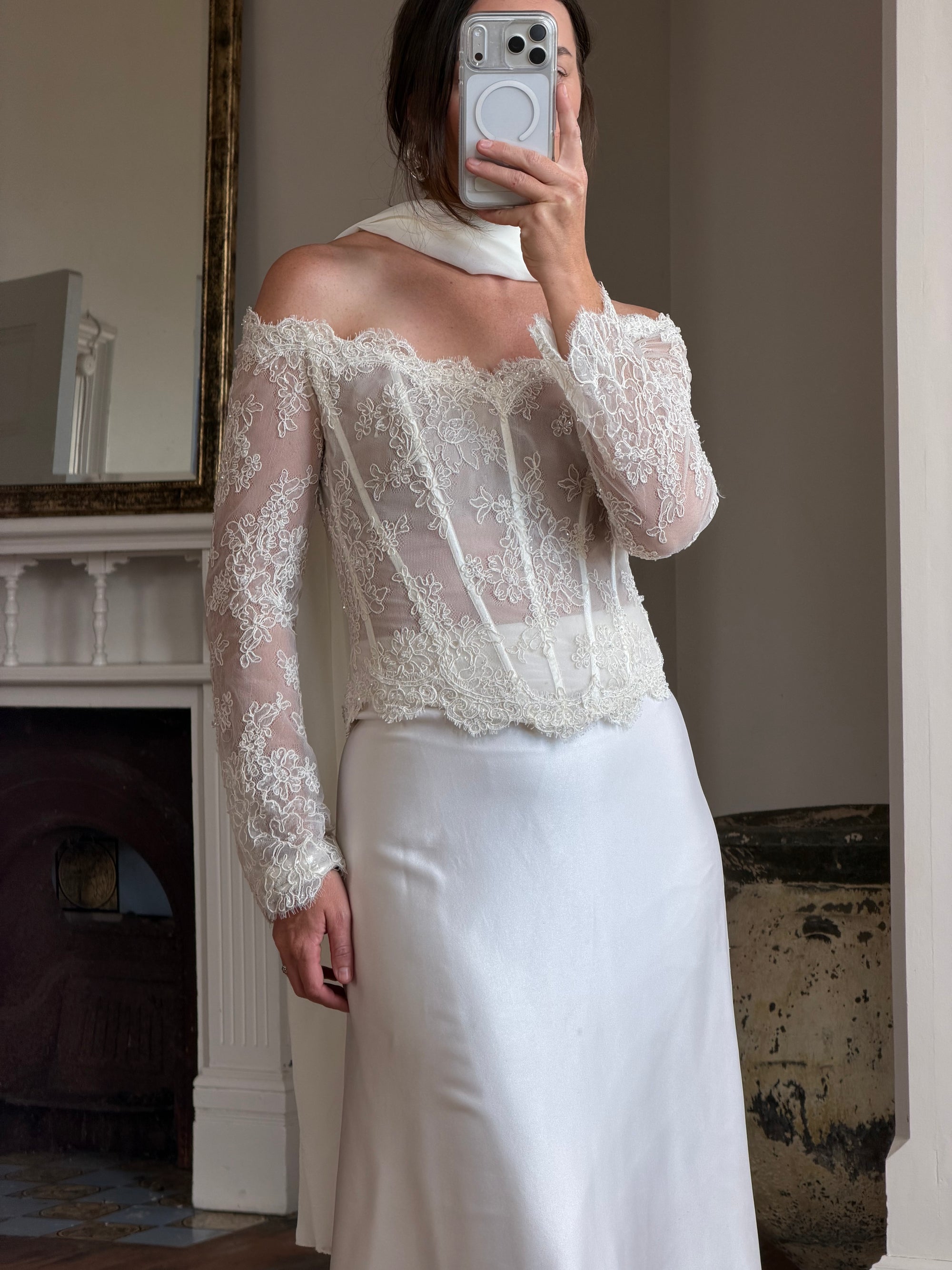 Vintage 90s Italian Nude Long Sleeve Bustier and Silk Satin Skirt Set
