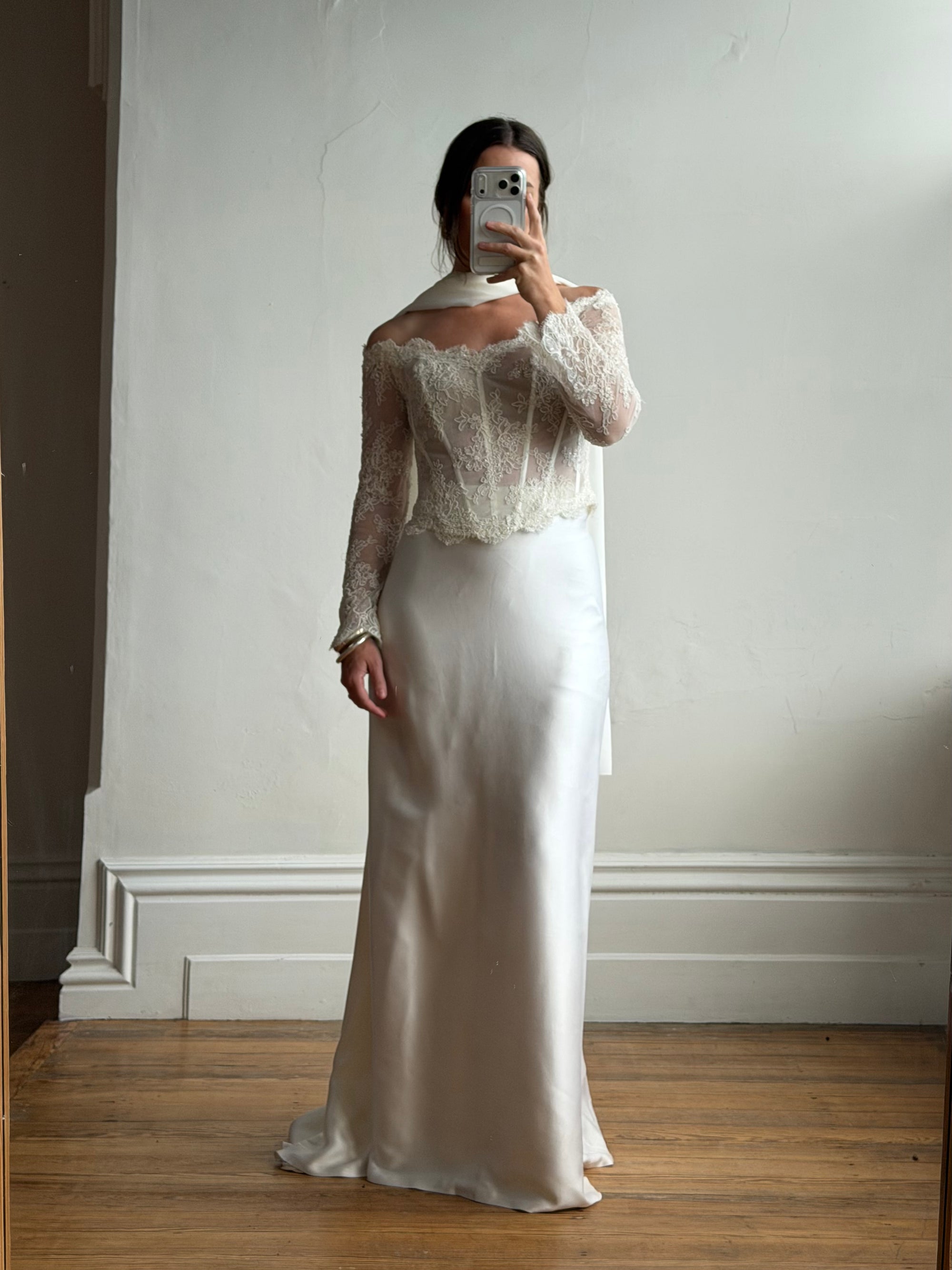 Vintage 90s Italian Nude Long Sleeve Bustier and Silk Satin Skirt Set
