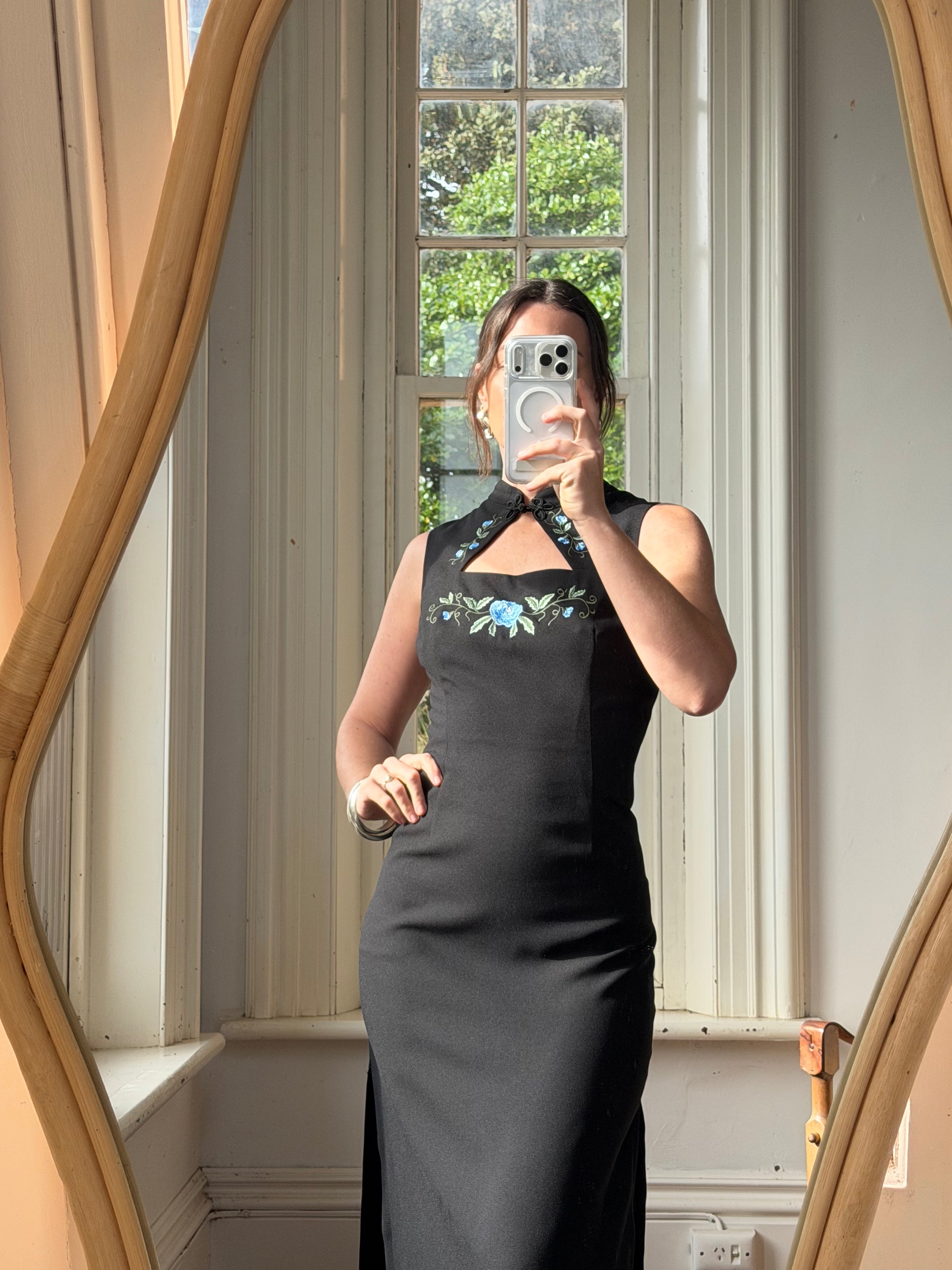 Vintage 90s Cheongsam Embroidered Blue Floral Crepe Dress