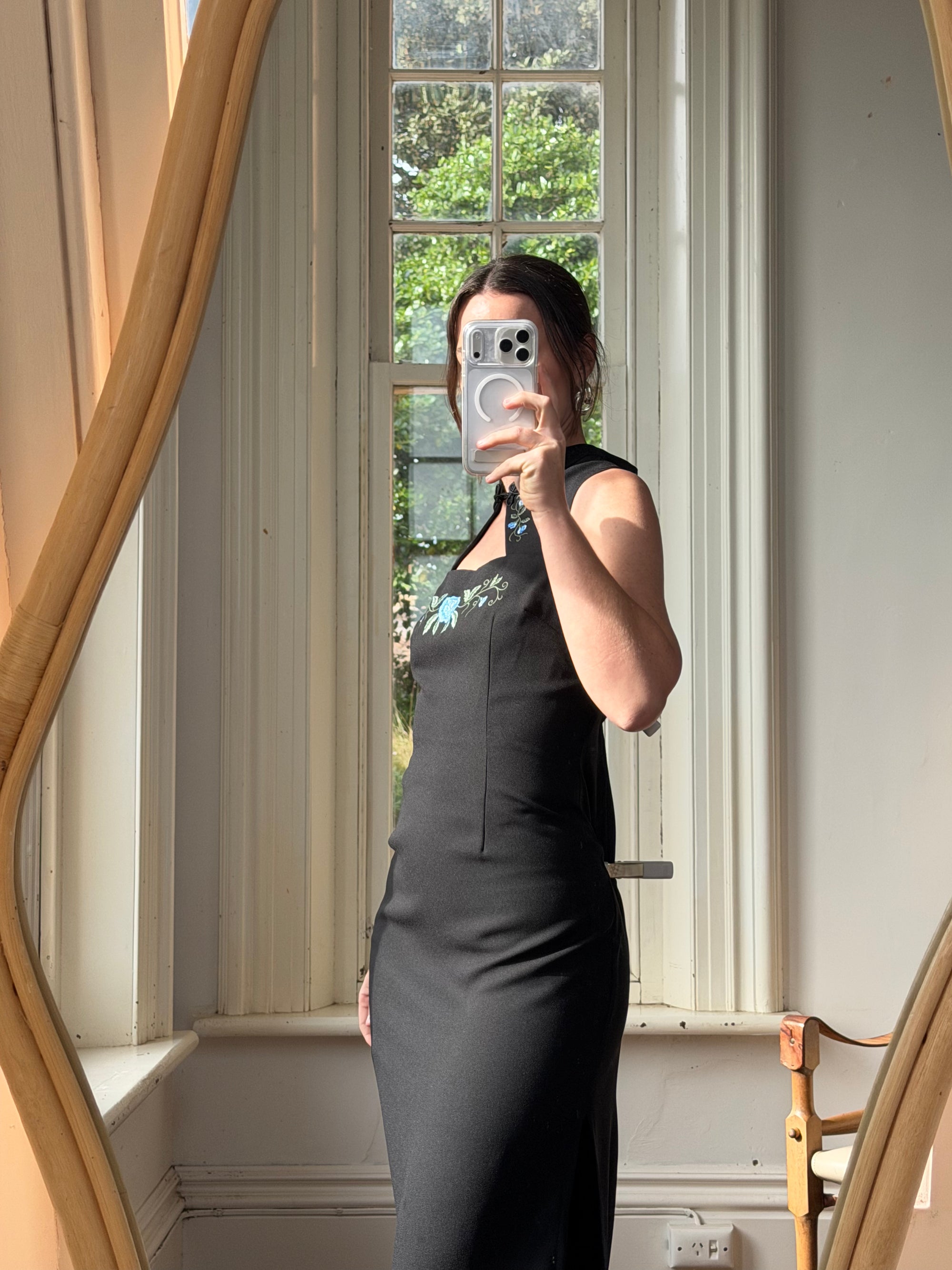 Vintage 90s Cheongsam Embroidered Blue Floral Crepe Dress