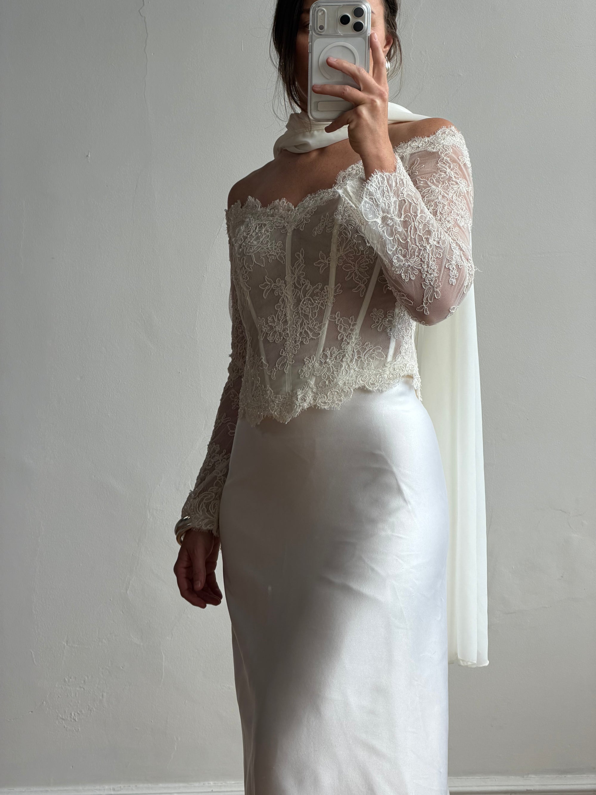 Vintage 90s Italian Nude Long Sleeve Bustier and Silk Satin Skirt Set