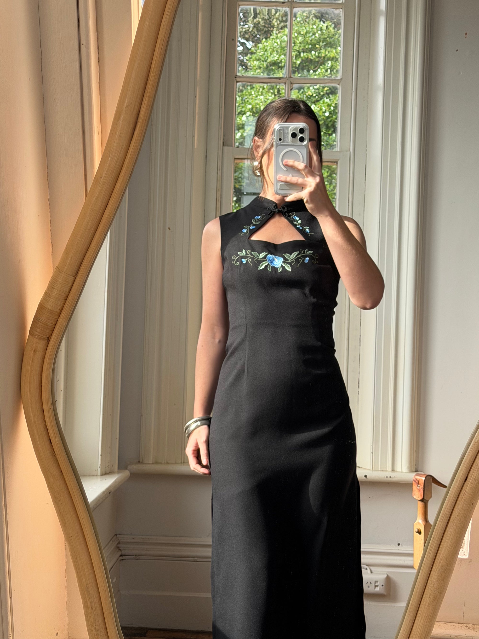 Vintage 90s Cheongsam Embroidered Blue Floral Crepe Dress