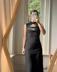 Vintage 90s Cheongsam Embroidered Blue Floral Crepe Dress