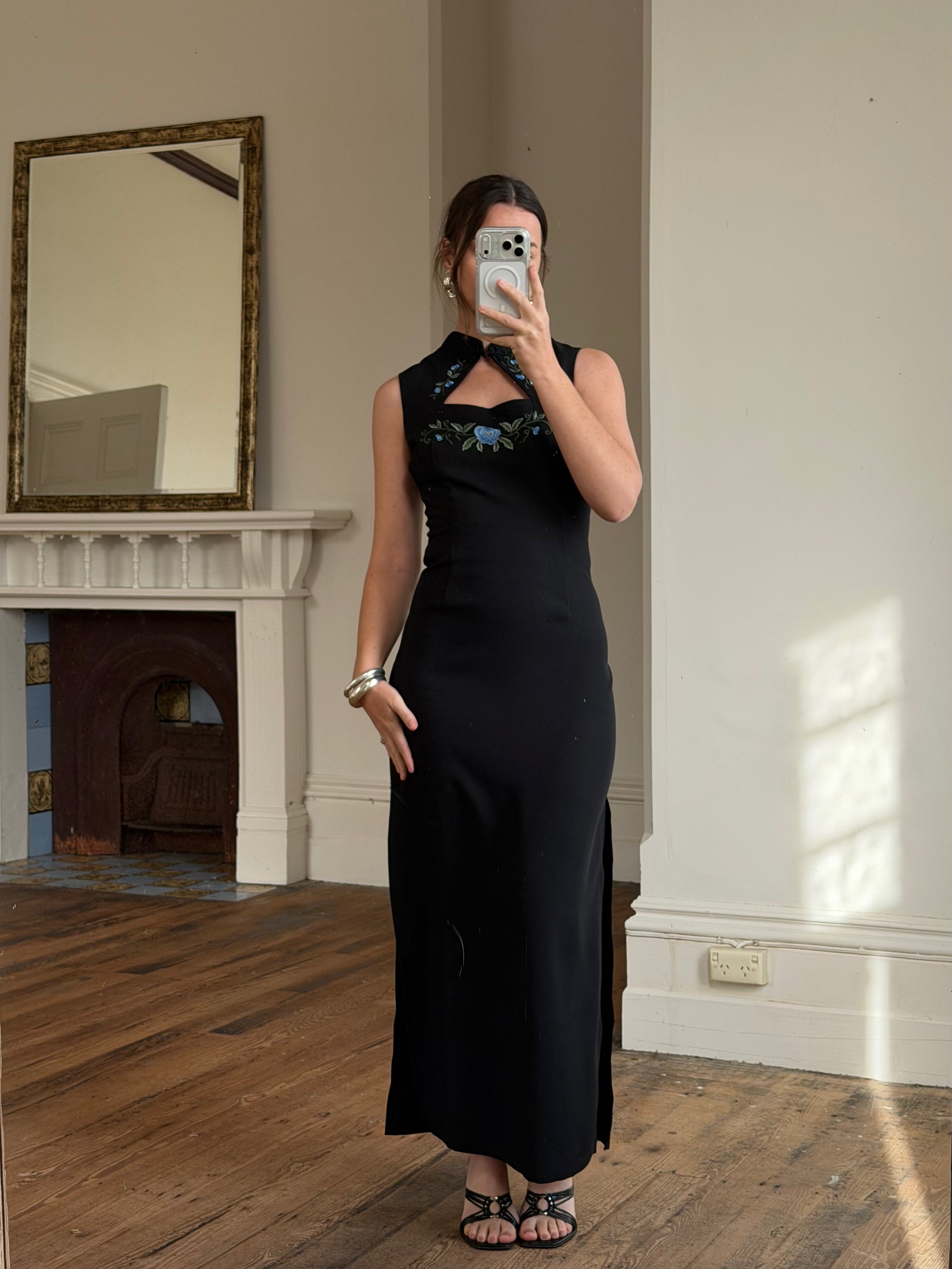 Vintage 90s Cheongsam Embroidered Blue Floral Crepe Dress