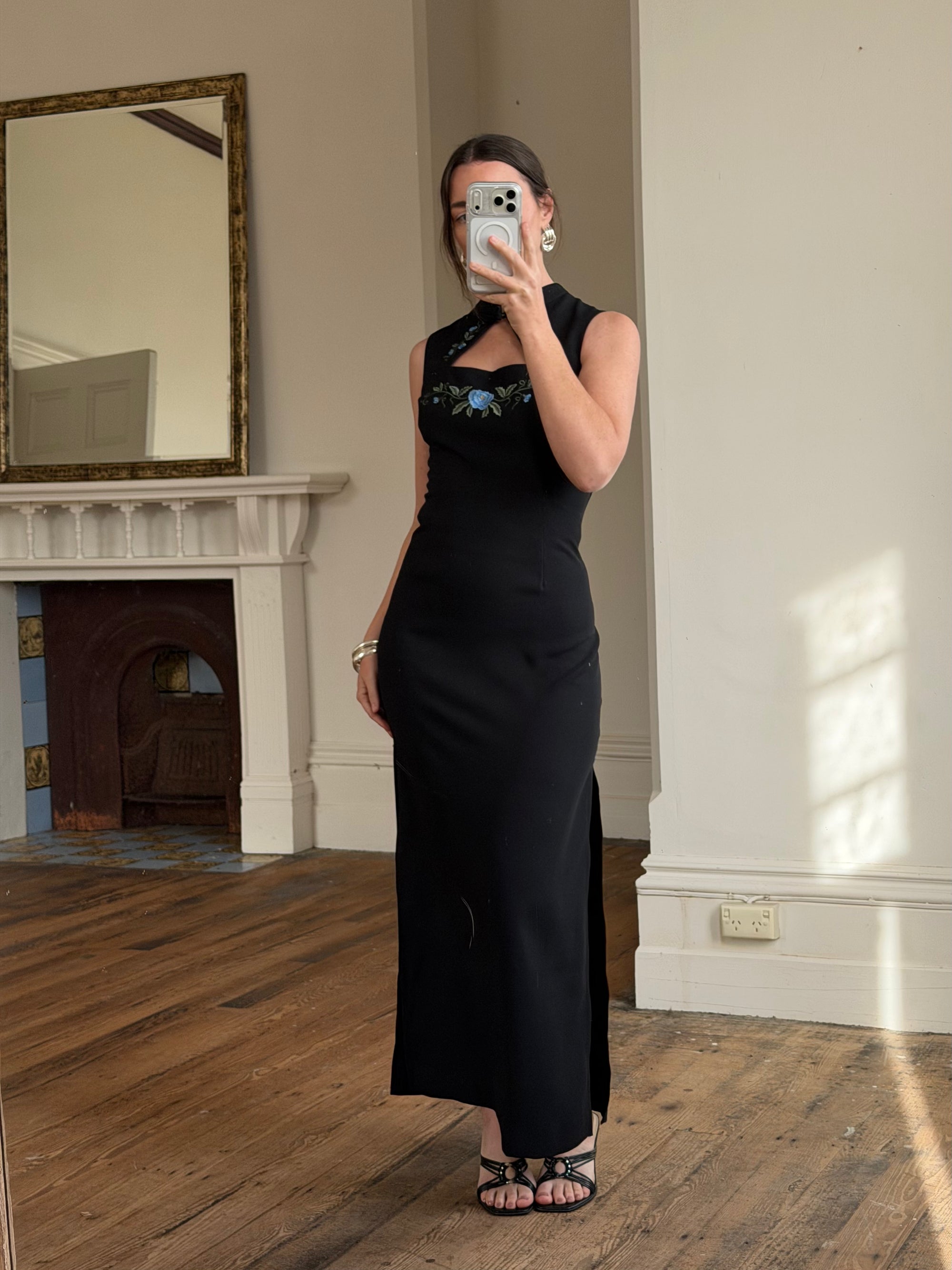 Vintage 90s Cheongsam Embroidered Blue Floral Crepe Dress