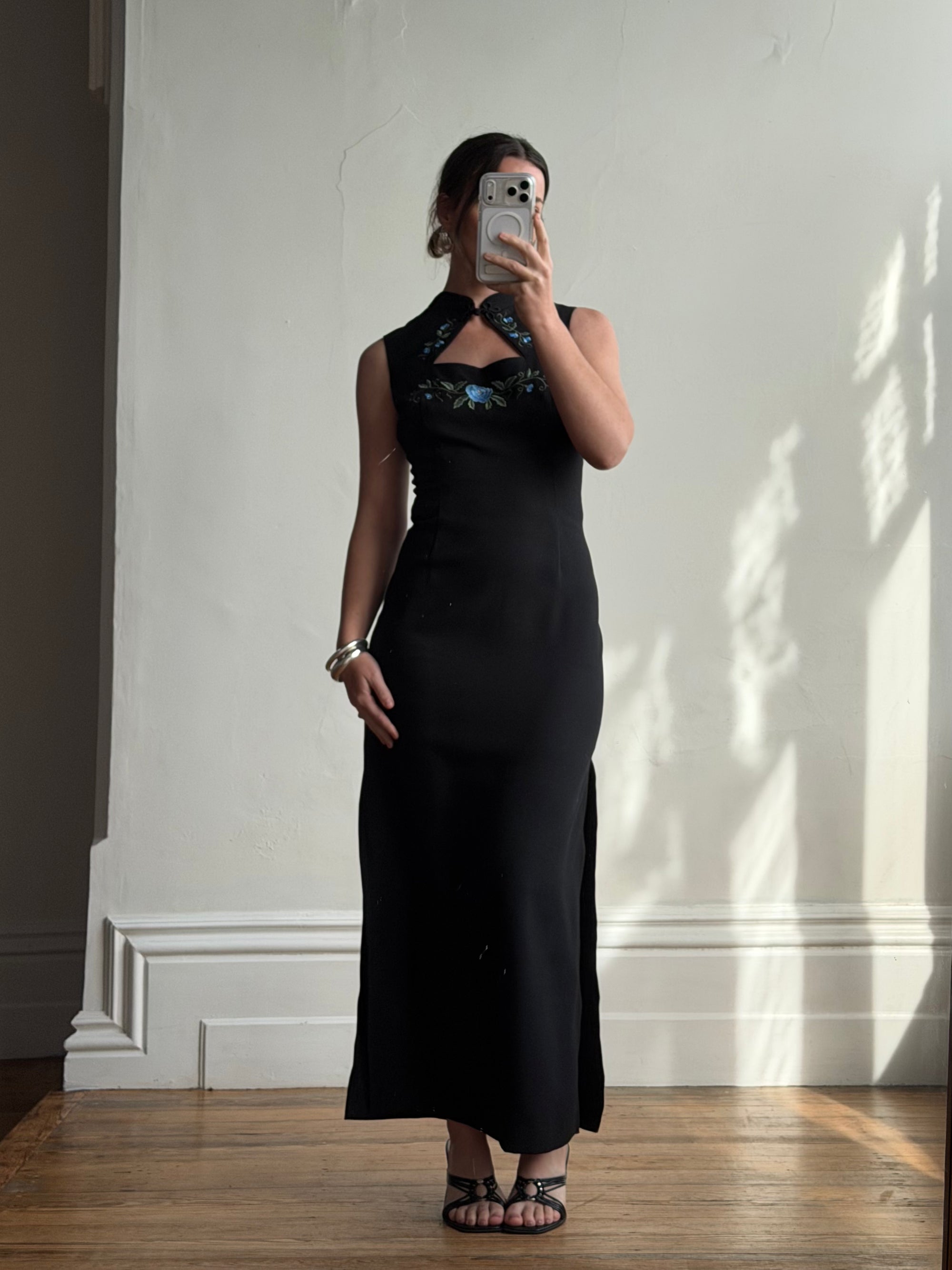 Vintage 90s Cheongsam Embroidered Blue Floral Crepe Dress