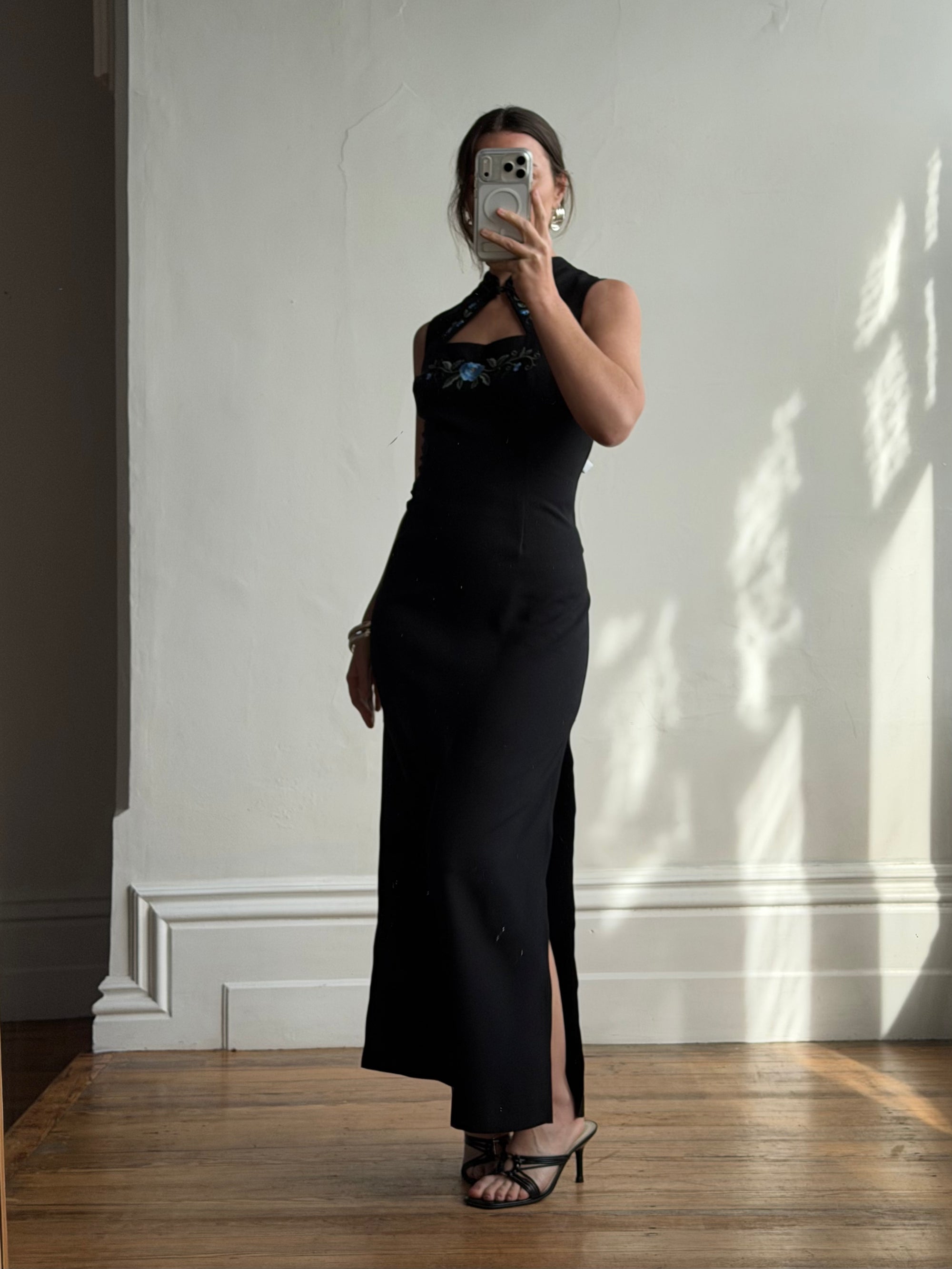 Vintage 90s Cheongsam Embroidered Blue Floral Crepe Dress