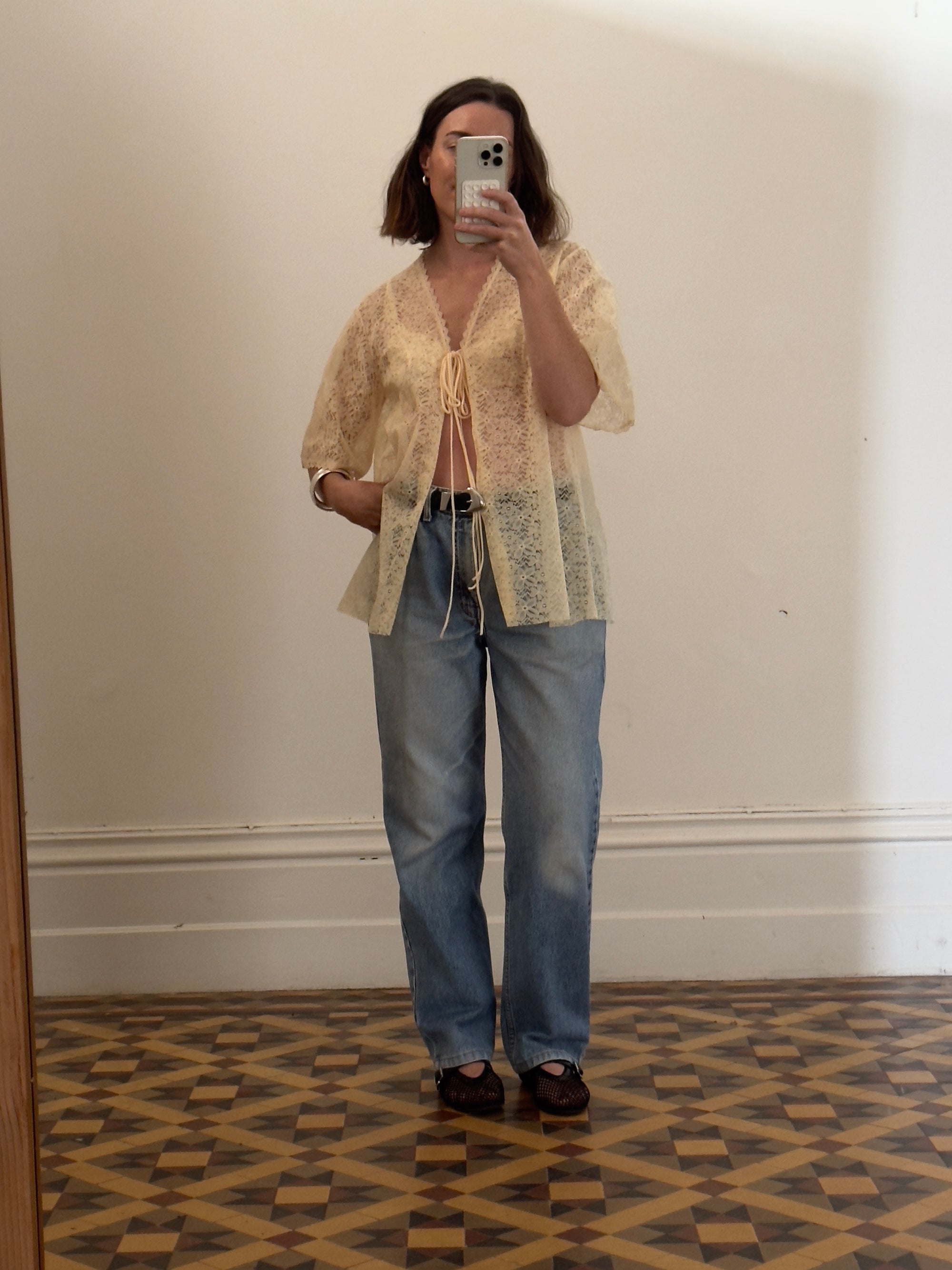 Vintage Creme Lace Tie Top