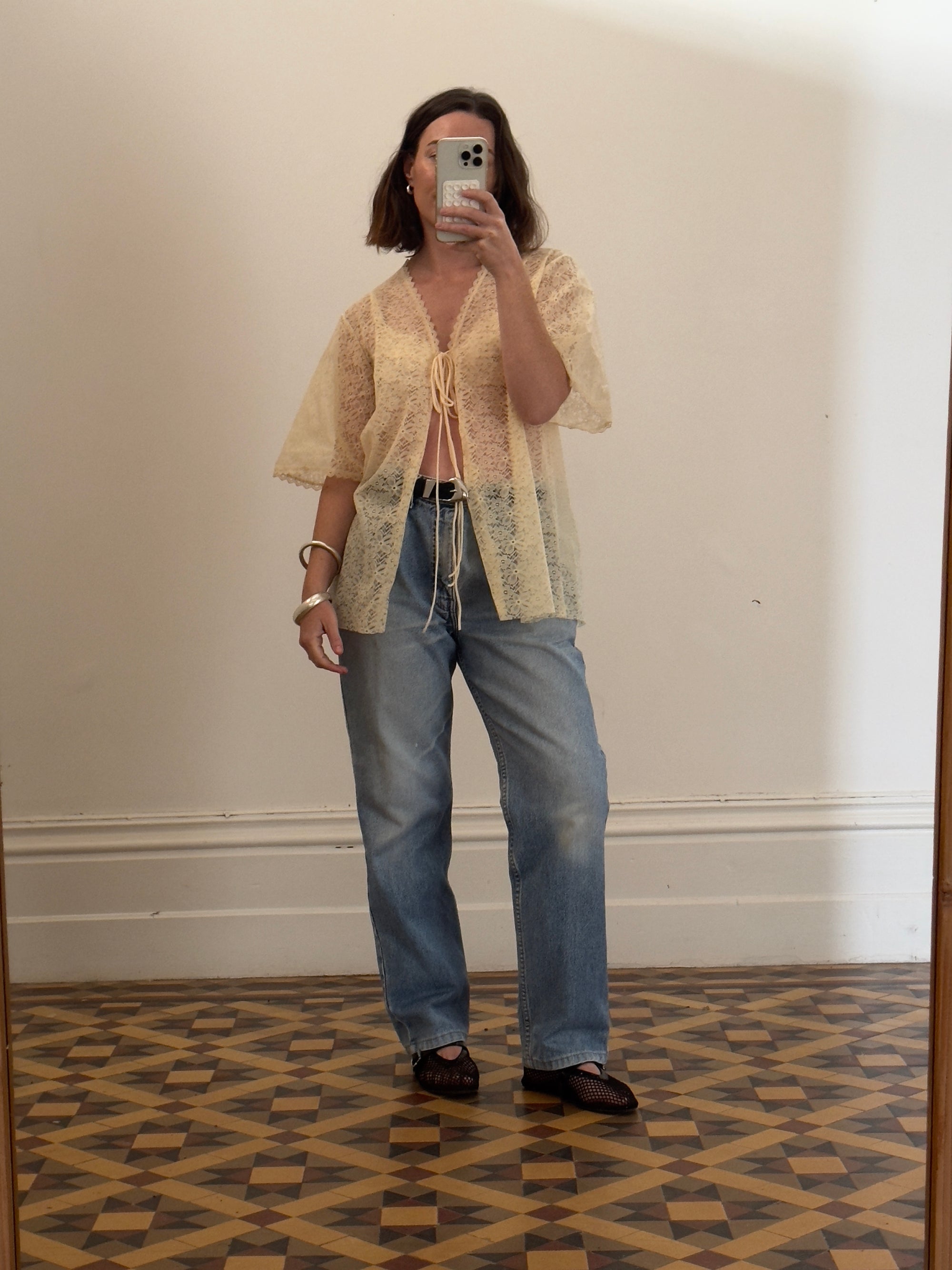 Vintage Creme Lace Tie Top