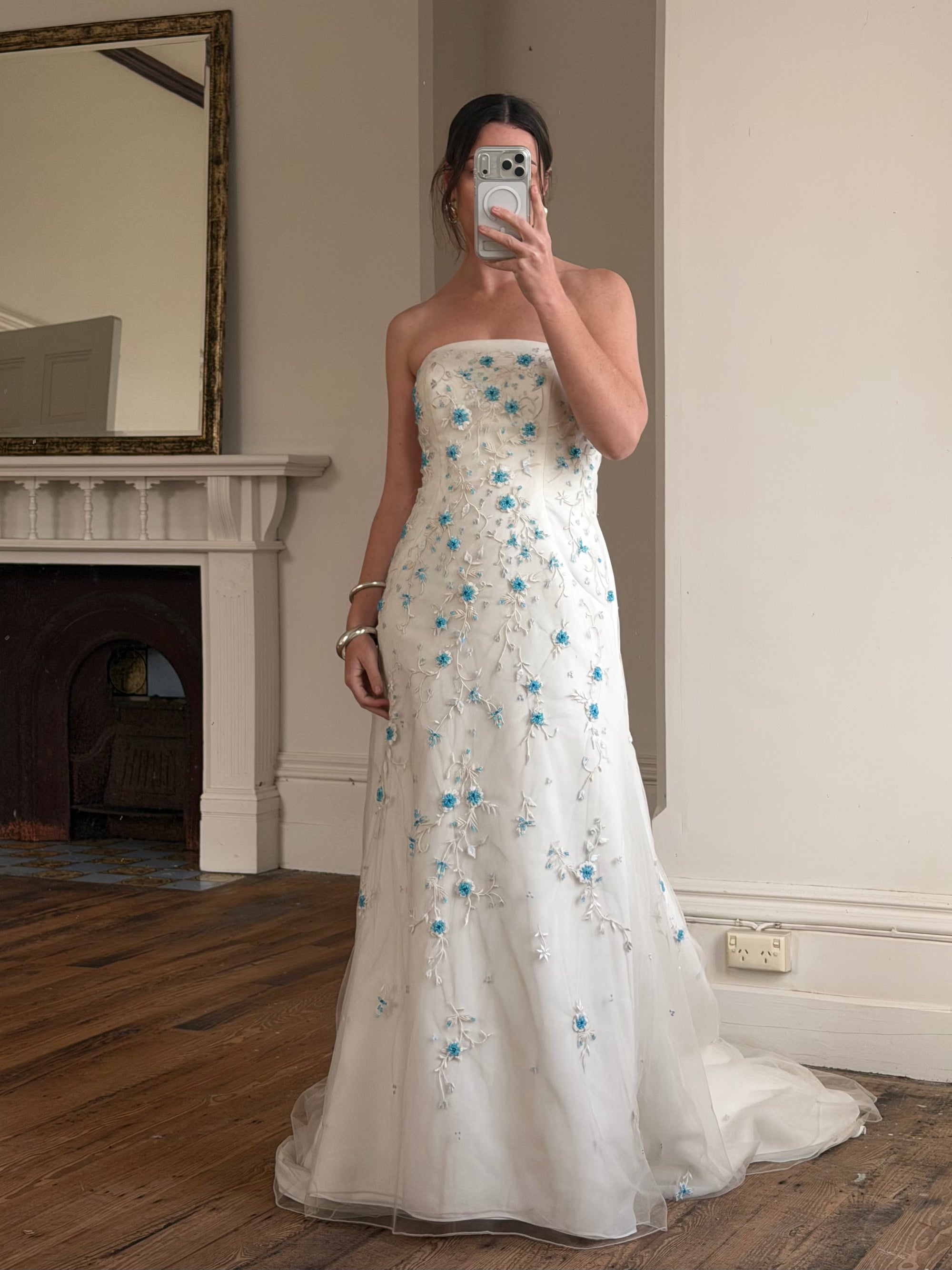 Vintage Y2K Blue Floral Glass Beaded Strapless Wedding Gown