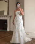 Vintage Y2K Blue Floral Glass Beaded Strapless Wedding Gown