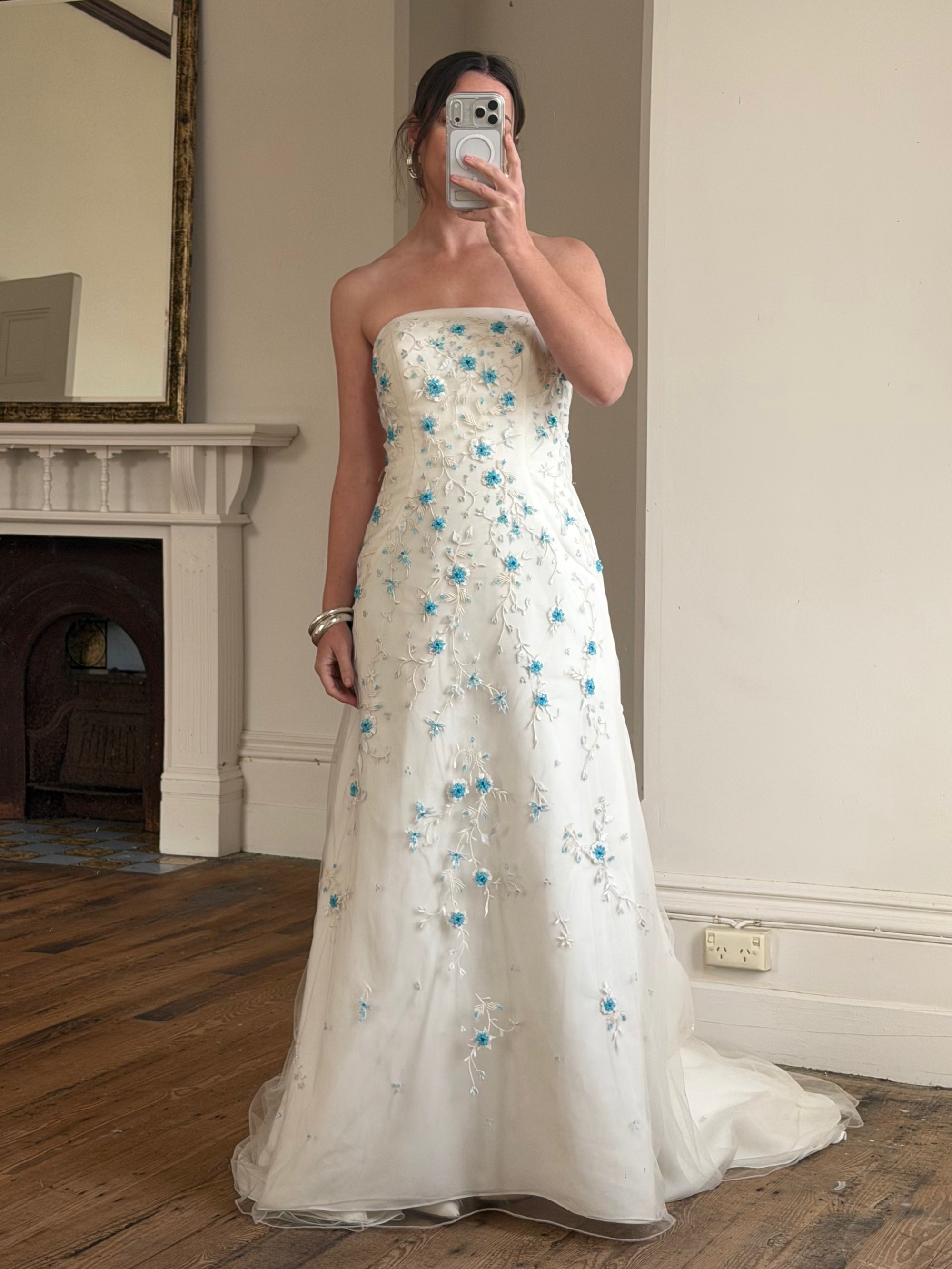 Vintage Y2K Blue Floral Glass Beaded Strapless Wedding Gown