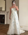 Vintage Y2K Blue Floral Glass Beaded Strapless Wedding Gown