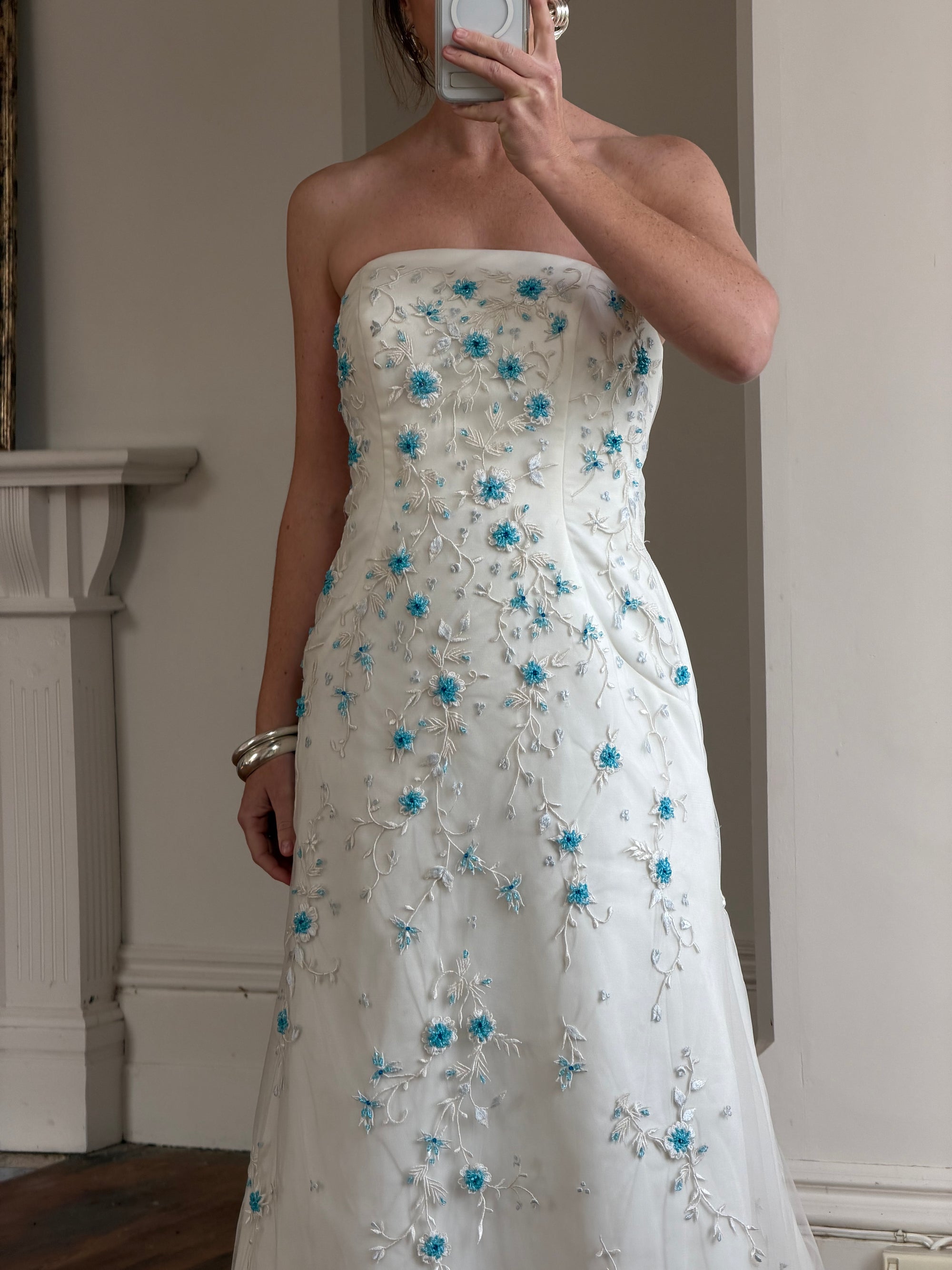 Vintage Y2K Blue Floral Glass Beaded Strapless Wedding Gown