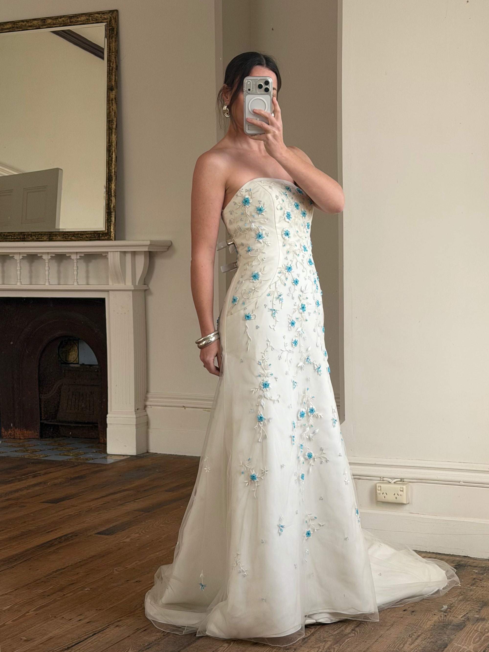Vintage Y2K Blue Floral Glass Beaded Strapless Wedding Gown