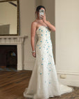 Vintage Y2K Blue Floral Glass Beaded Strapless Wedding Gown