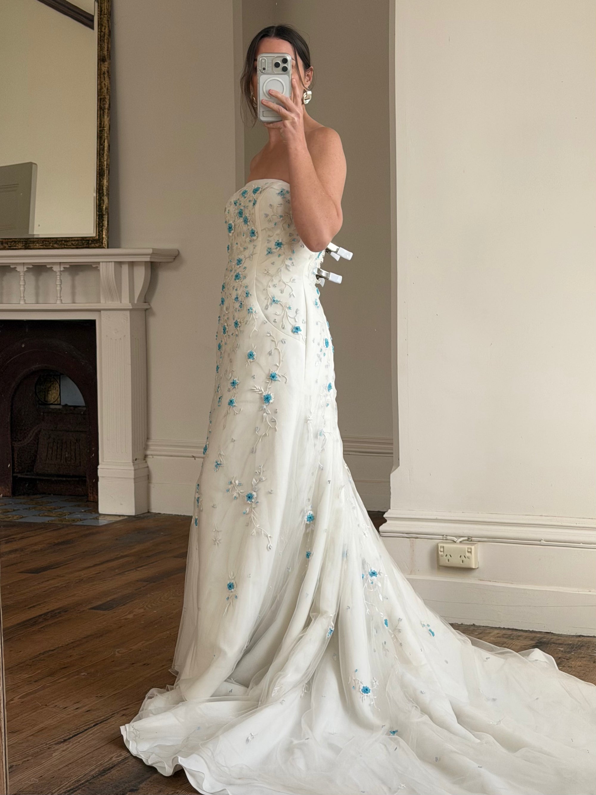Vintage Y2K Blue Floral Glass Beaded Strapless Wedding Gown
