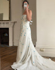 Vintage Y2K Blue Floral Glass Beaded Strapless Wedding Gown