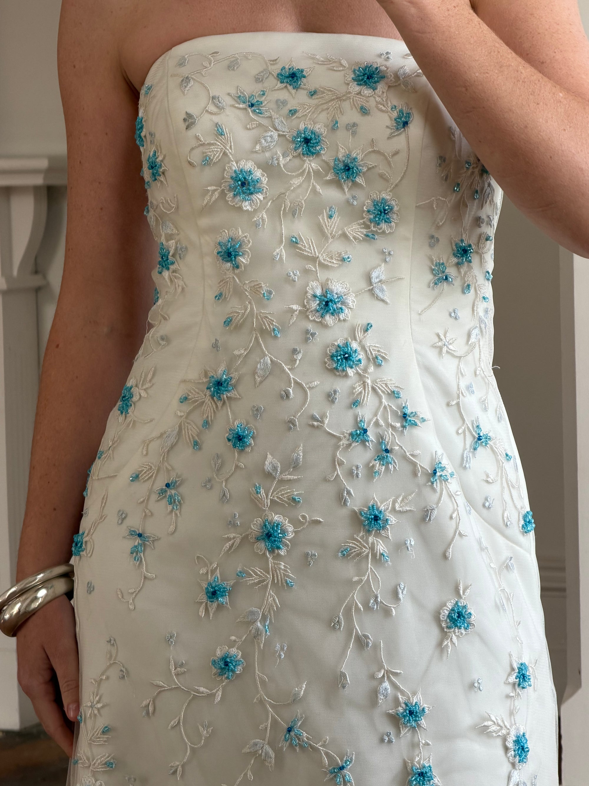Vintage Y2K Blue Floral Glass Beaded Strapless Wedding Gown