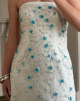 Vintage Y2K Blue Floral Glass Beaded Strapless Wedding Gown