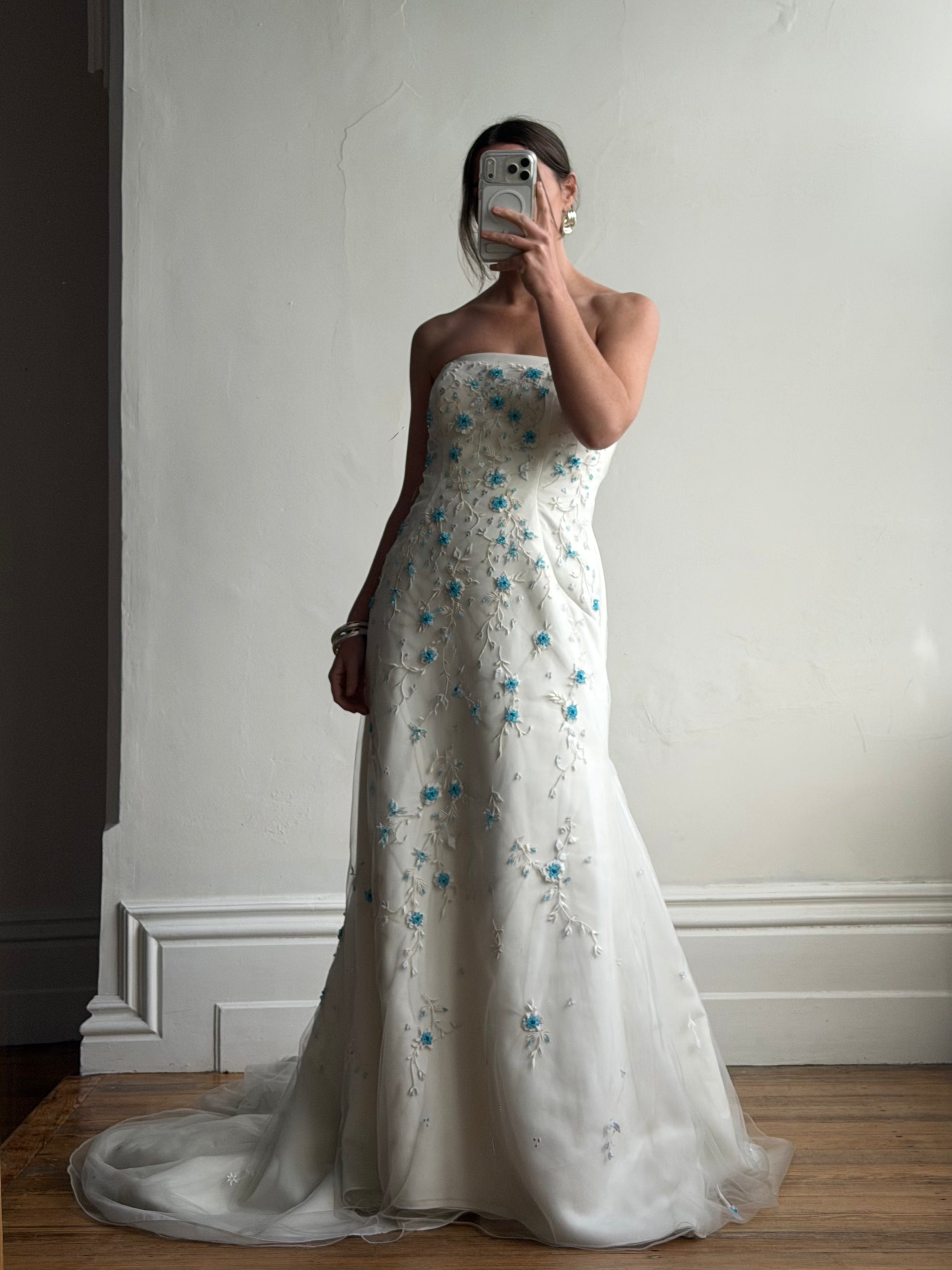 Vintage Y2K Blue Floral Glass Beaded Strapless Wedding Gown