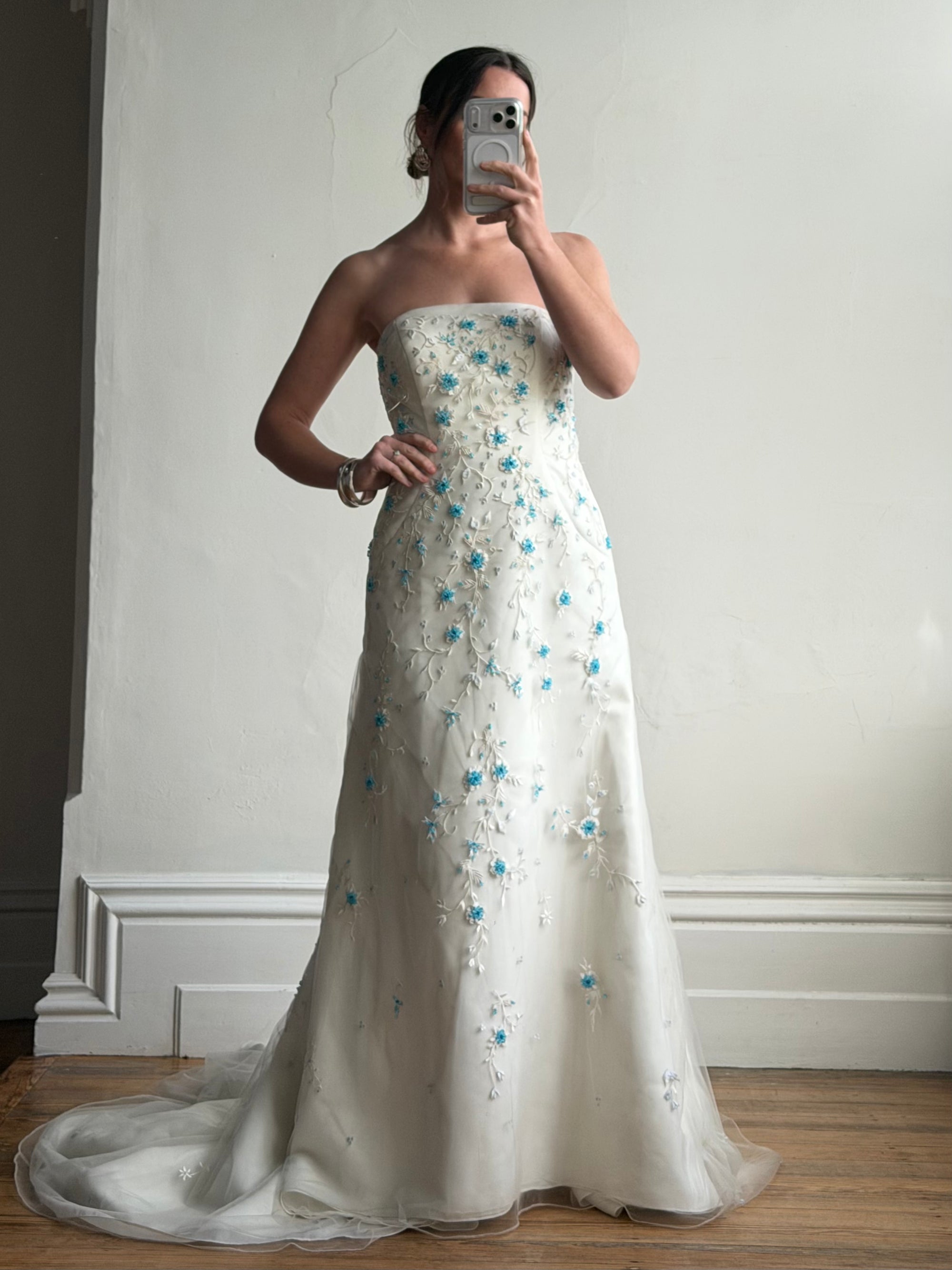Vintage Y2K Blue Floral Glass Beaded Strapless Wedding Gown