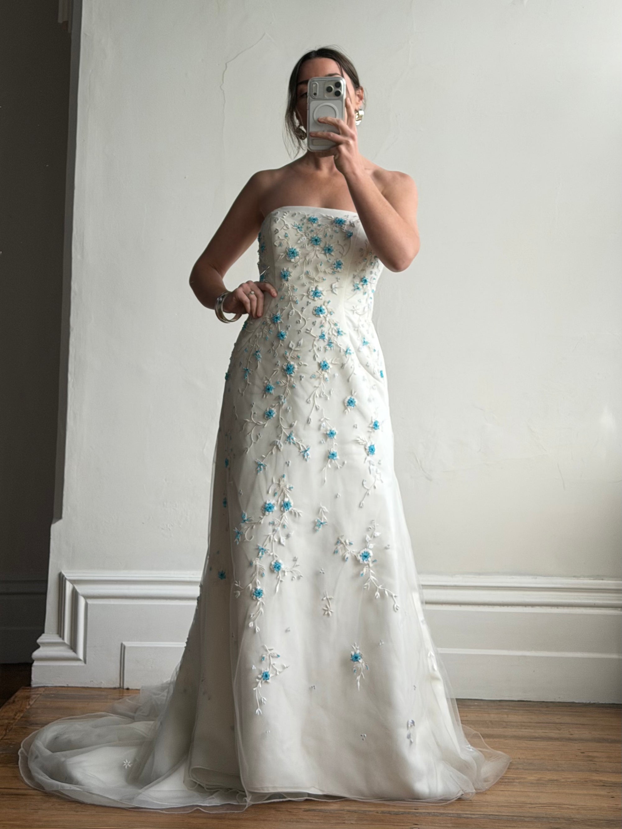 Vintage Y2K Blue Floral Glass Beaded Strapless Wedding Gown
