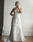 Vintage Y2K Blue Floral Glass Beaded Strapless Wedding Gown