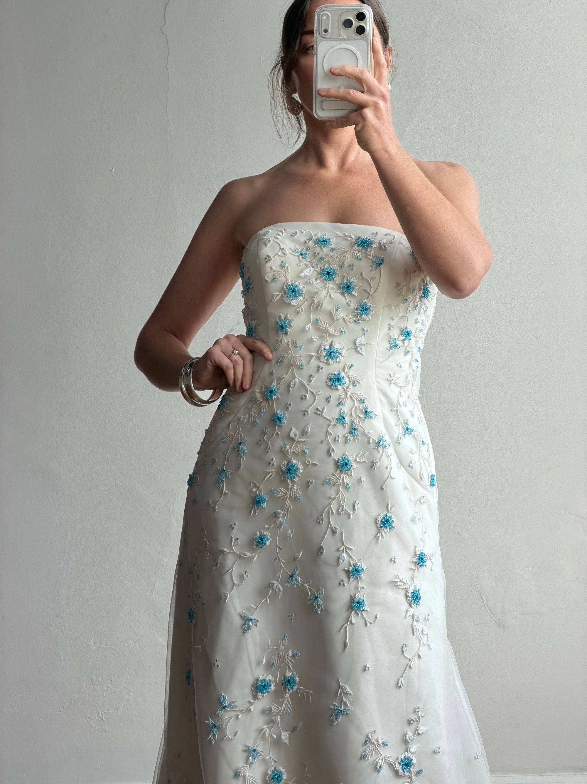 Vintage Y2K Blue Floral Glass Beaded Strapless Wedding Gown