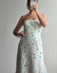 Vintage Y2K Blue Floral Glass Beaded Strapless Wedding Gown