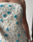 Vintage Y2K Blue Floral Glass Beaded Strapless Wedding Gown
