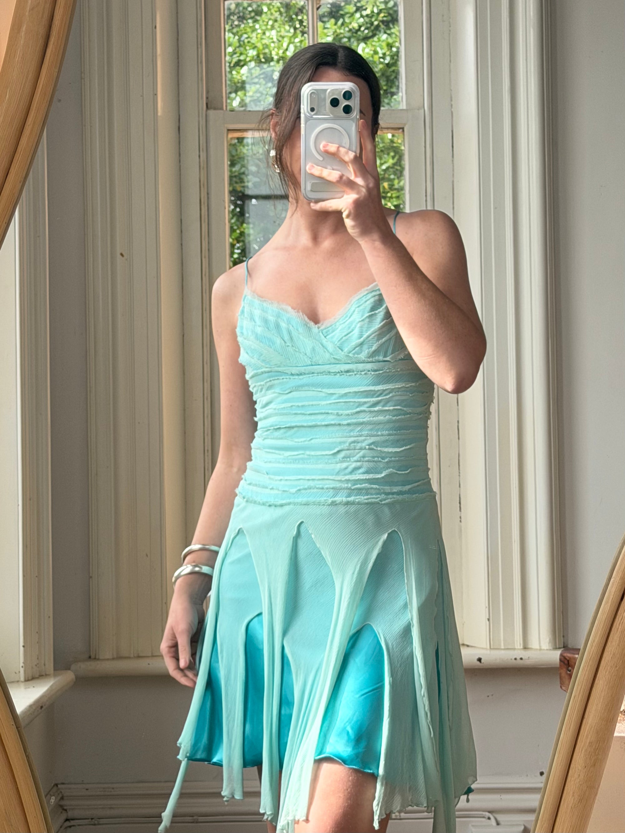 Vintage 90s Silk Chiffon Aqua Fairy Dress