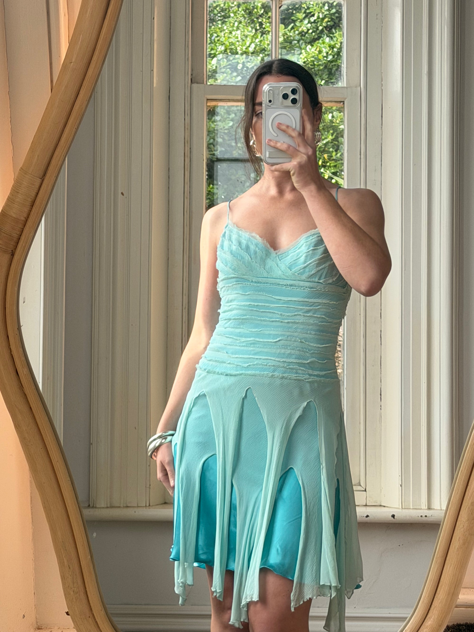 Vintage 90s Silk Chiffon Aqua Fairy Dress