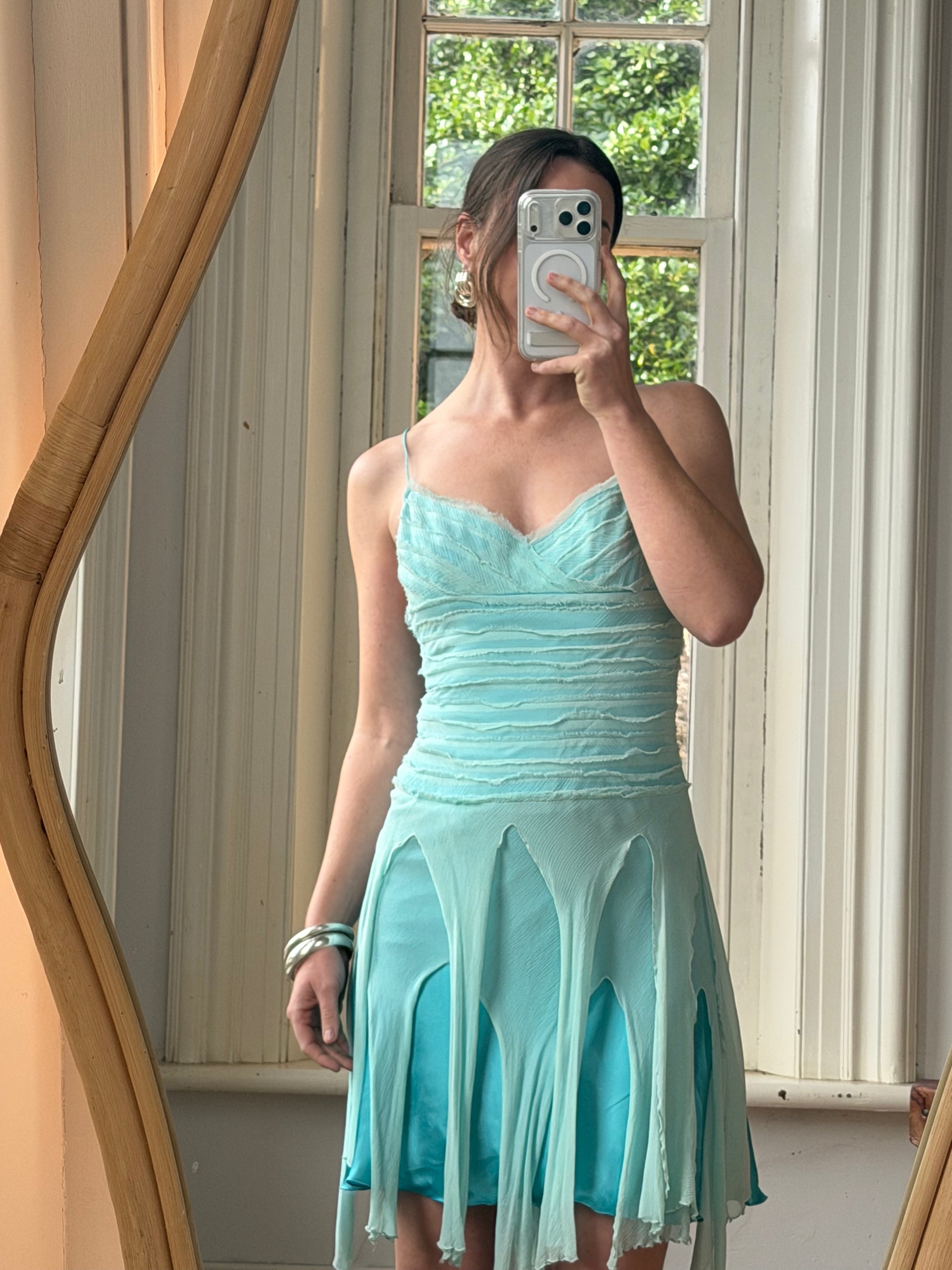 Vintage 90s Silk Chiffon Aqua Fairy Dress