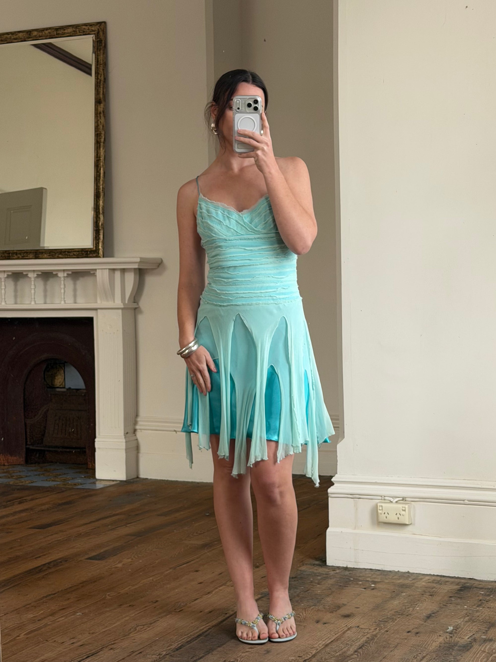 Vintage 90s Silk Chiffon Aqua Fairy Dress