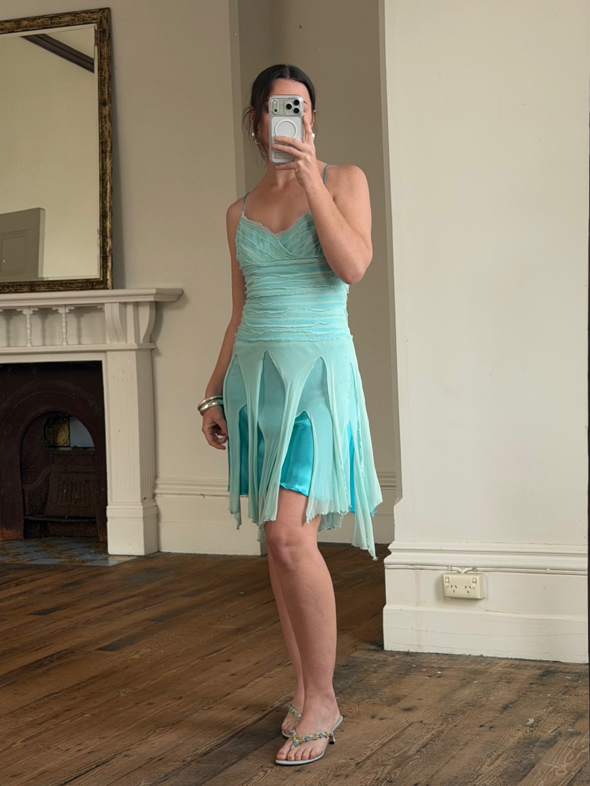 Vintage 90s Silk Chiffon Aqua Fairy Dress
