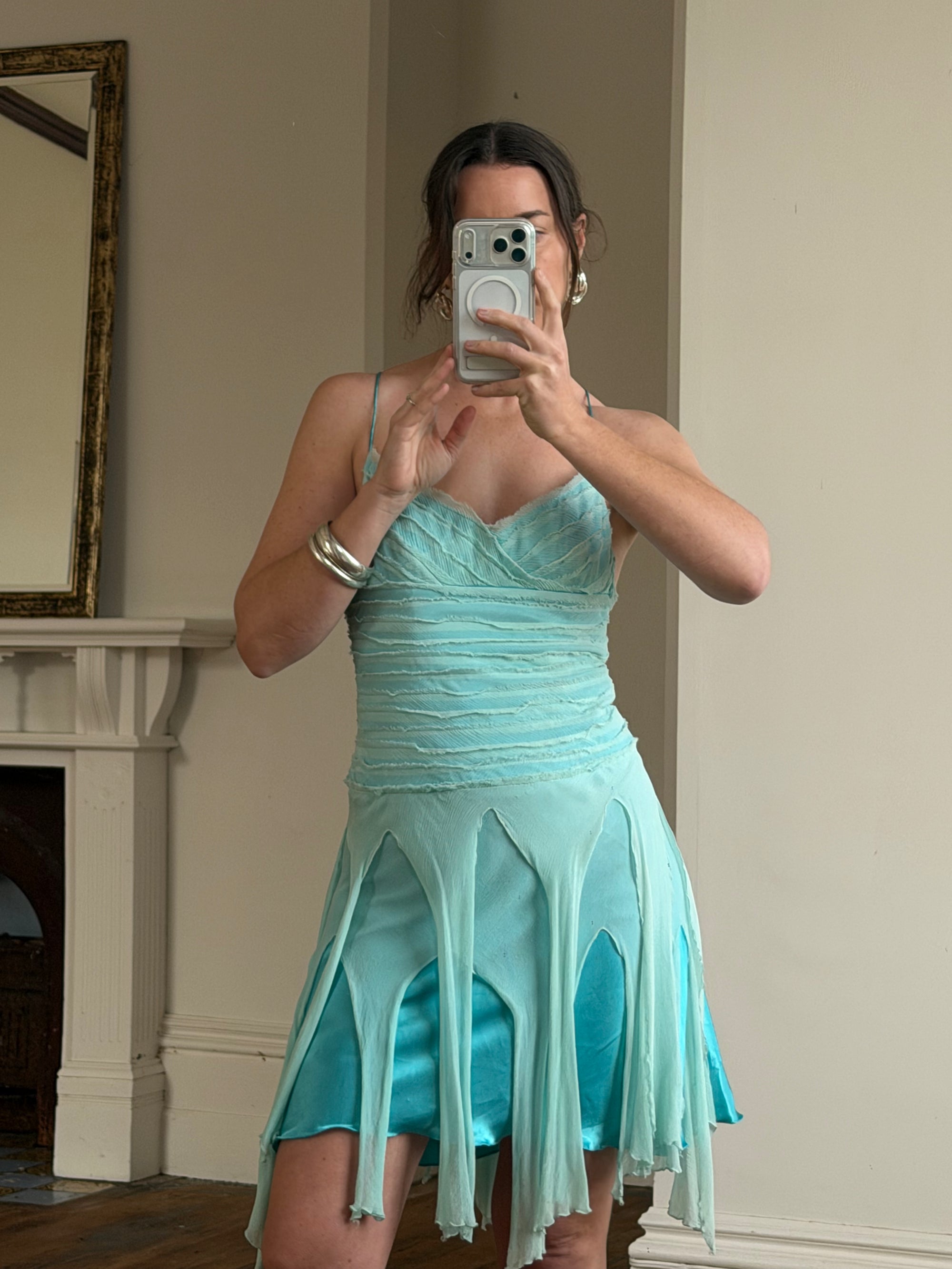 Vintage 90s Silk Chiffon Aqua Fairy Dress